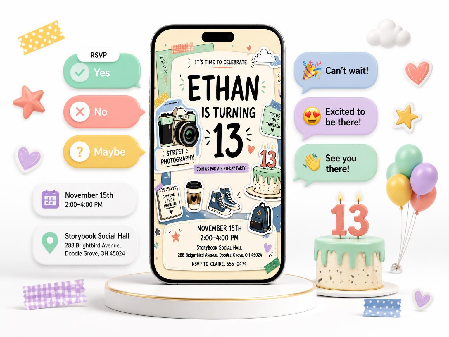 The Vintage Camera Pastel 13th Birthday Invitation invitation on a phone, with guest RSVPs arriving around it