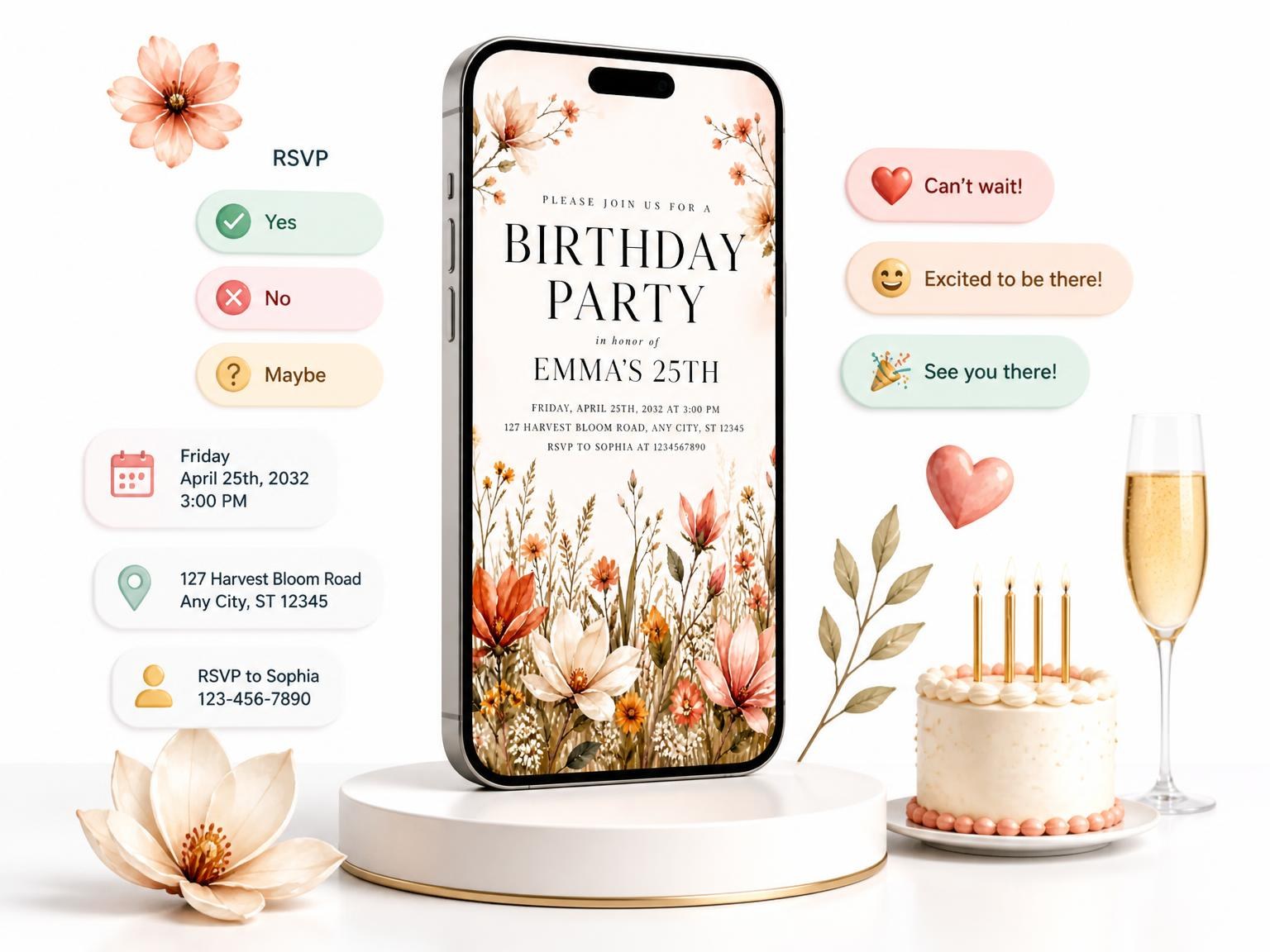 The Wildflower Meadow 25th Birthday Invitation invitation on a phone, with guest RSVPs arriving around it