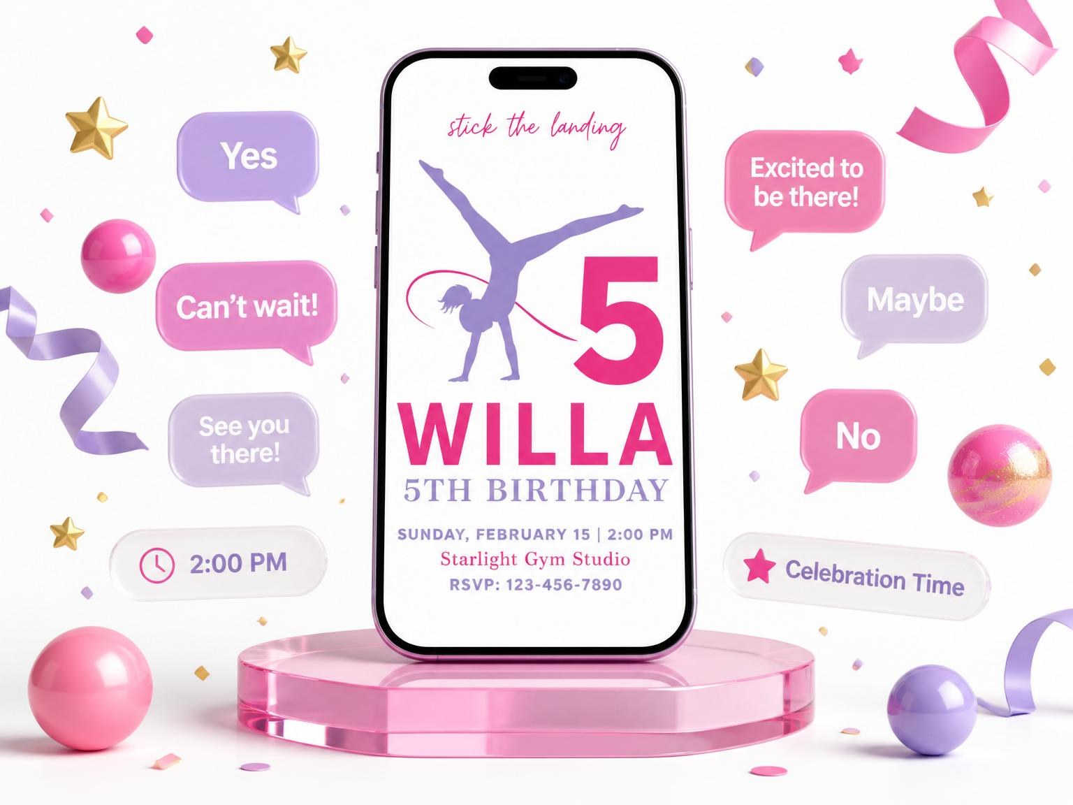 The Hot Pink Lavender Gymnast 5th Birthday invitation on a phone, with guest RSVPs arriving around it