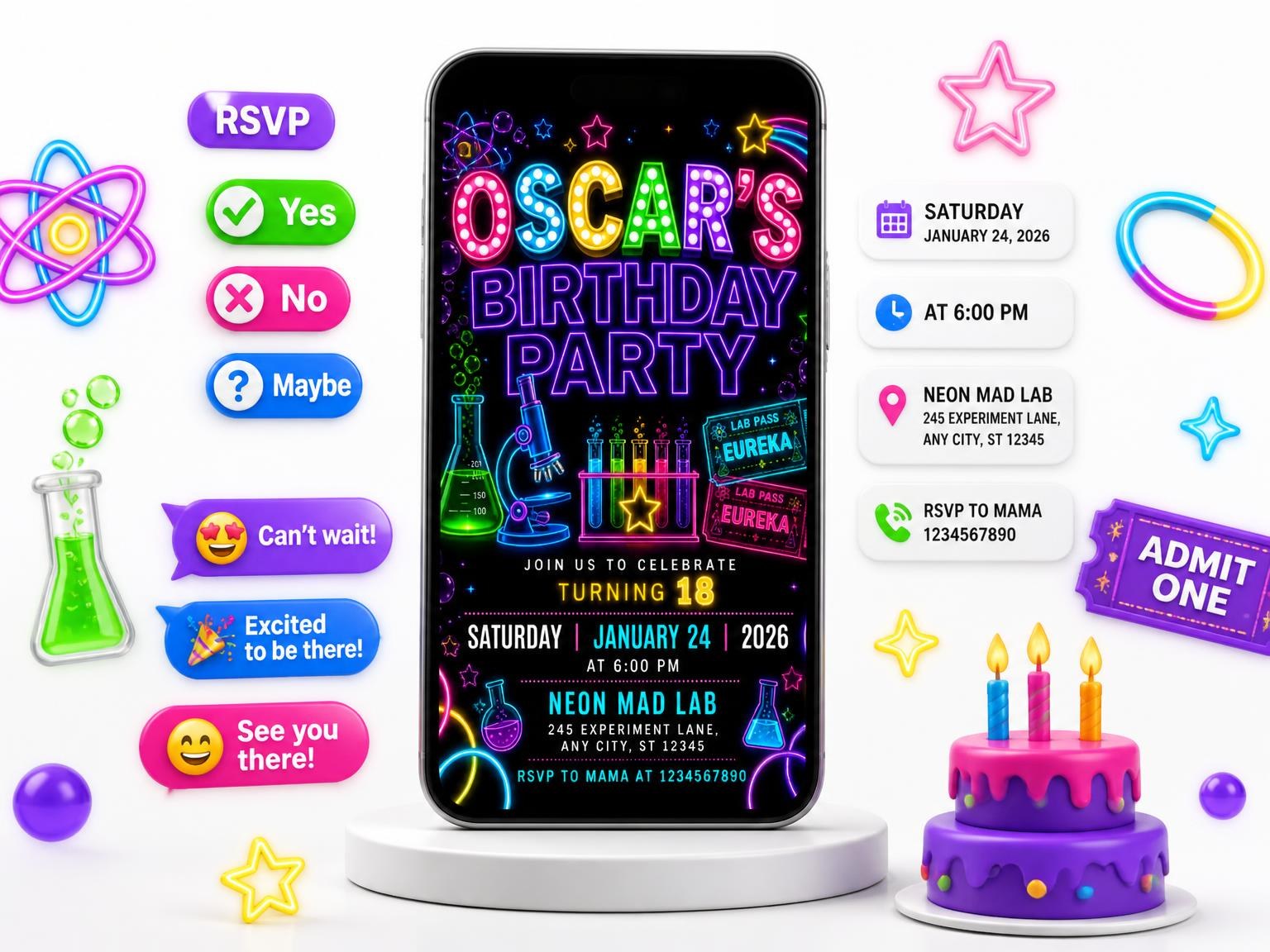 The Neon Science Lab 18th Birthday Invitation invitation on a phone, with guest RSVPs arriving around it