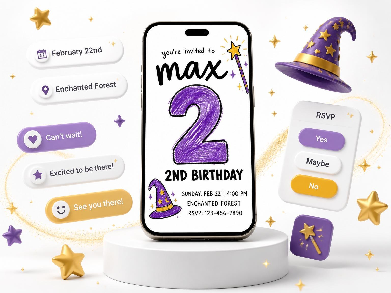 The Crayon Wizard Hat 2nd Birthday Invitation invitation on a phone, with guest RSVPs arriving around it