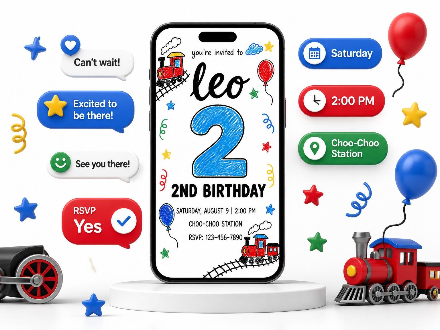 The Crayon Train Motif 2nd Birthday Invitation invitation on a phone, with guest RSVPs arriving around it