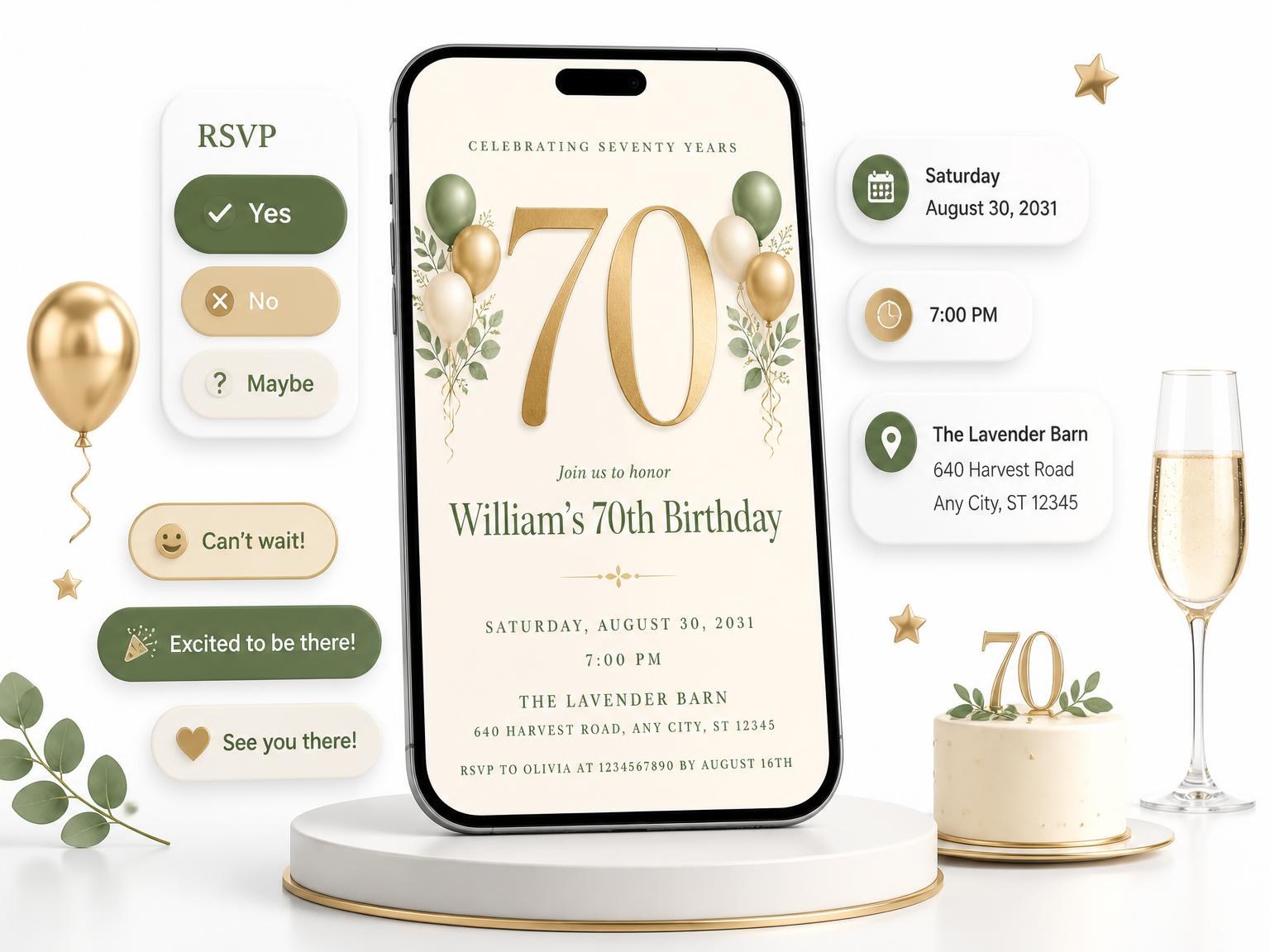 The Sage and Ivory 70th Birthday Invitation invitation on a phone, with guest RSVPs arriving around it