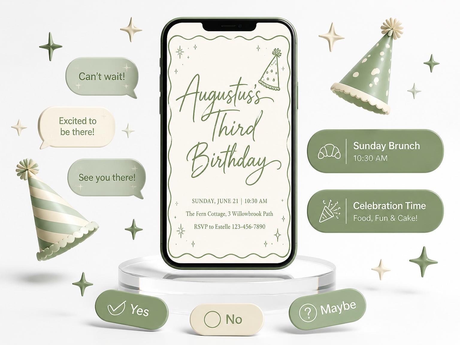 The Sage Green 3rd Birthday Invitation invitation on a phone, with guest RSVPs arriving around it