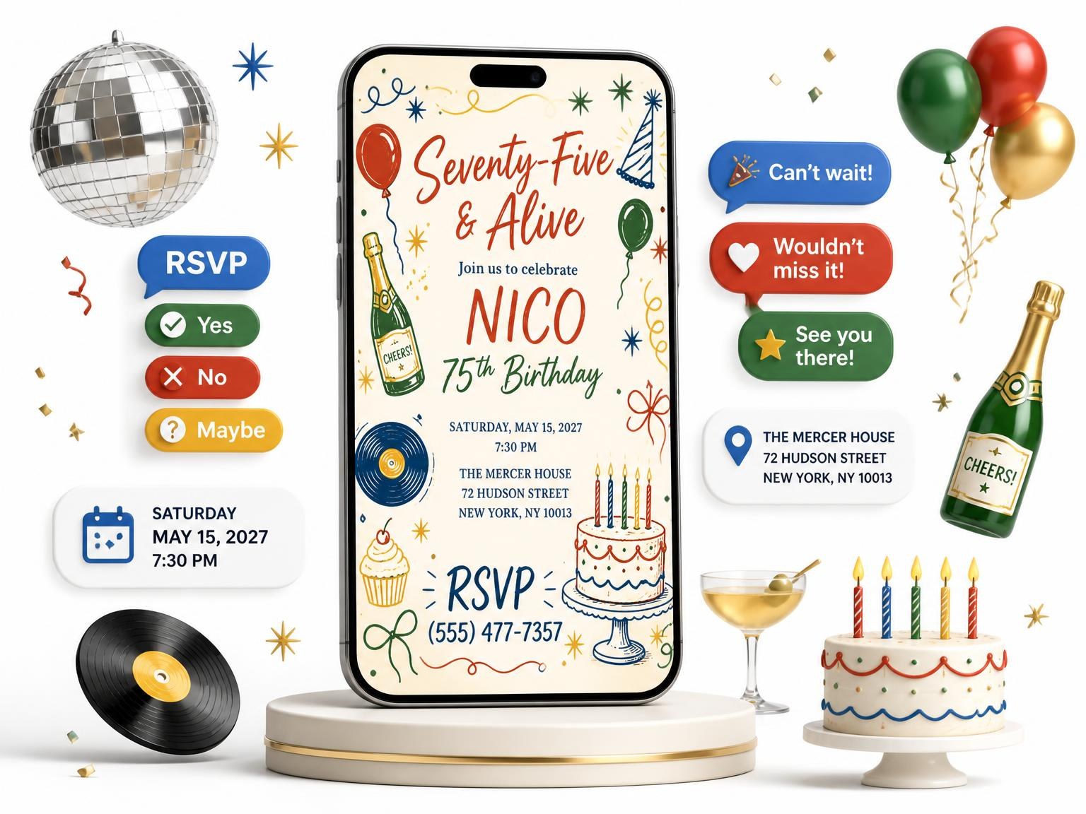 The Retro Doodle 75th Birthday Invitation invitation on a phone, with guest RSVPs arriving around it