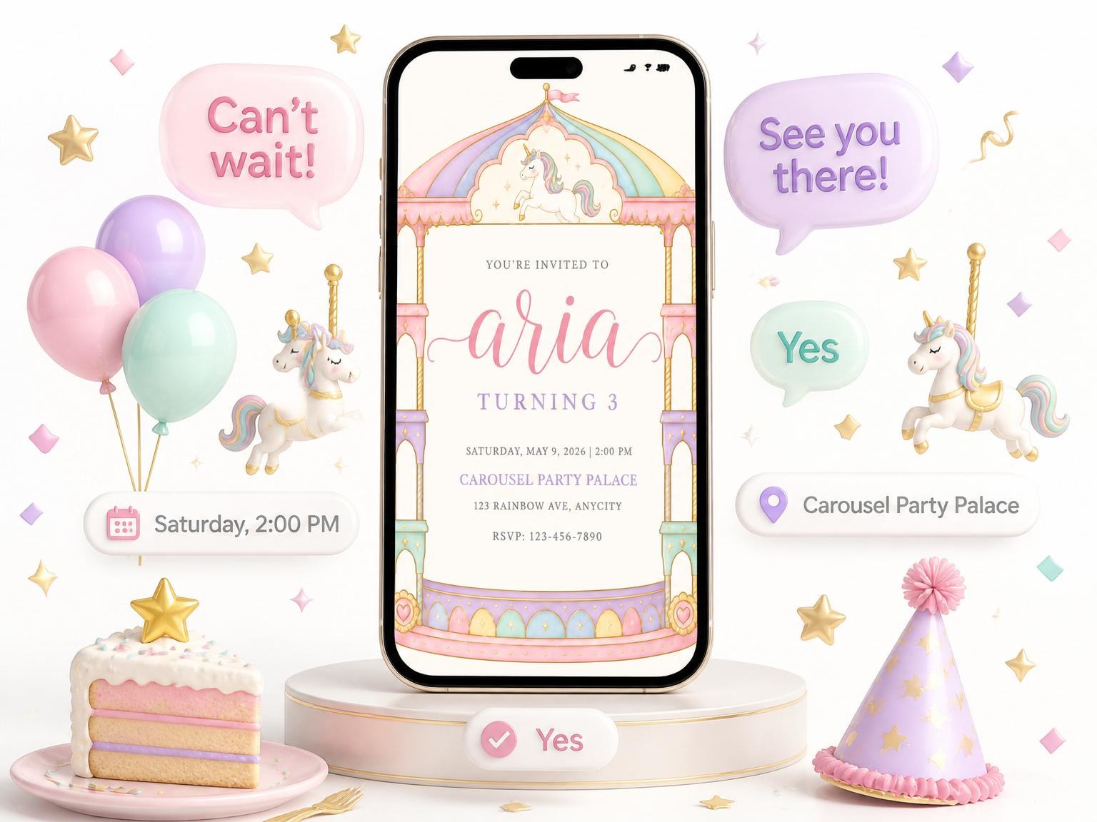 The Pastel Carousel Unicorn 3rd Birthday Invitation invitation on a phone, with guest RSVPs arriving around it