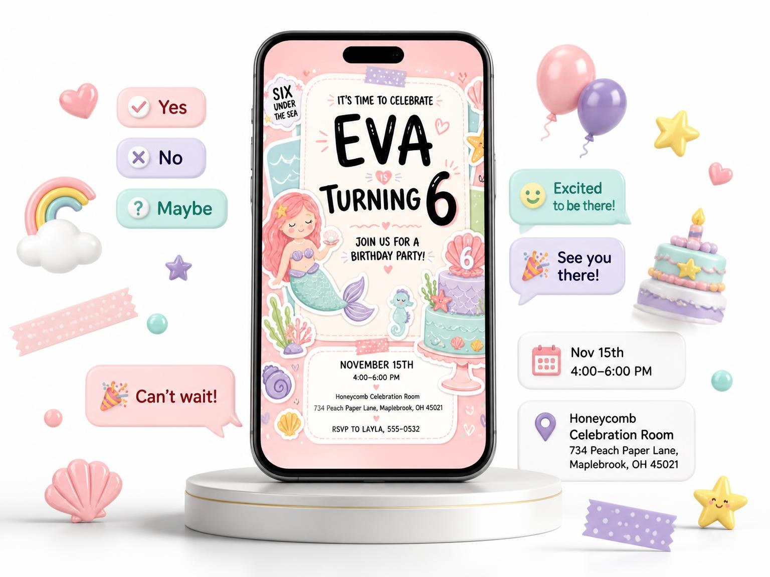 The Mermaid Pastel 6th Birthday Invitation invitation on a phone, with guest RSVPs arriving around it