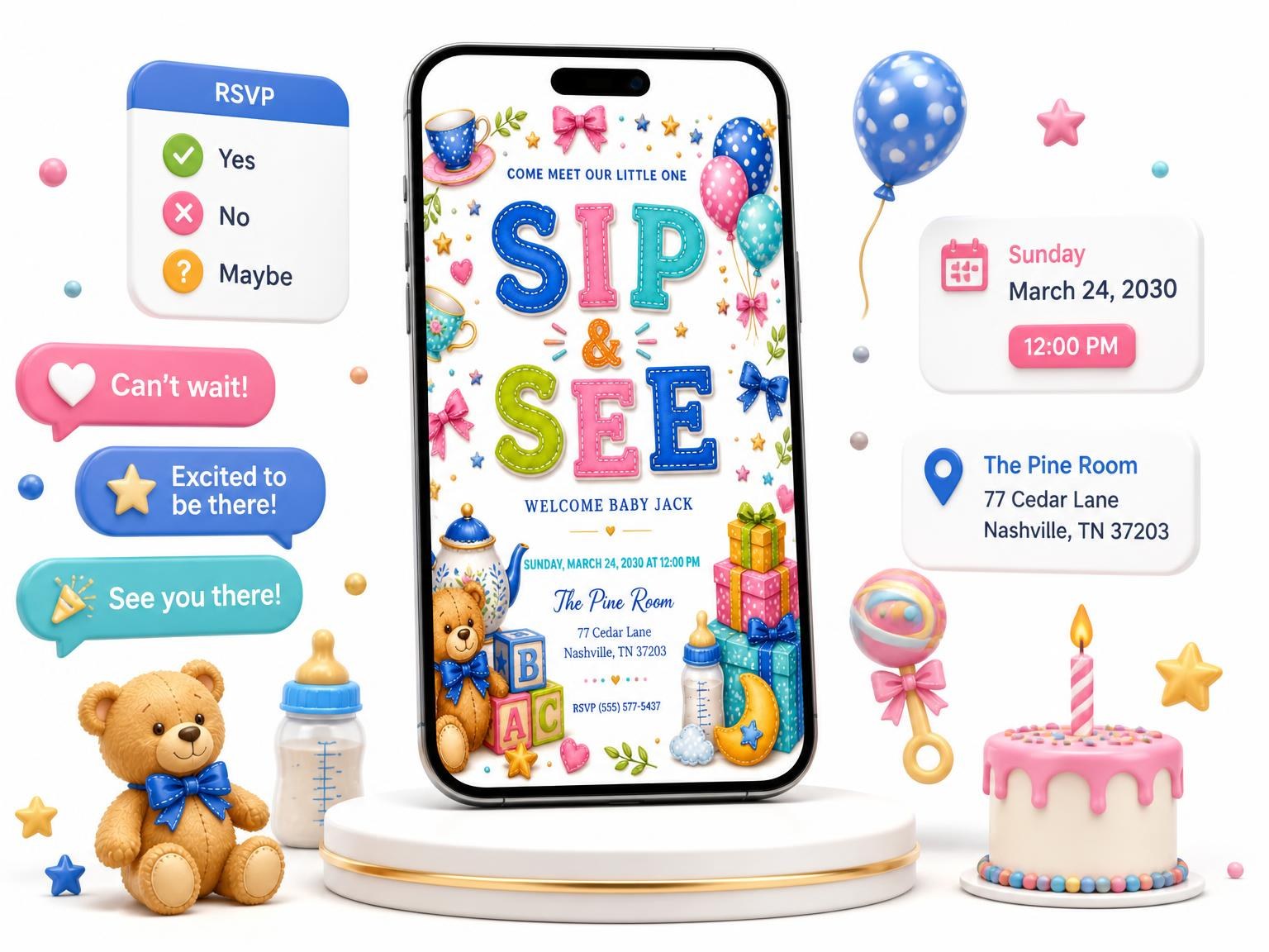 The ABC Blocks Sip and See Invitation invitation on a phone, with guest RSVPs arriving around it
