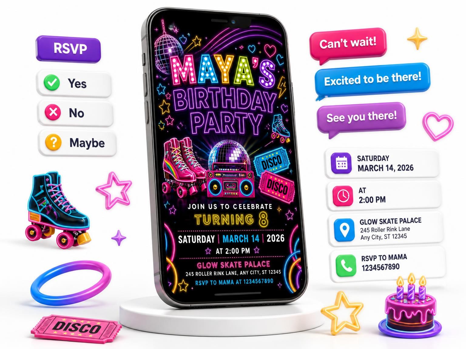 The Neon Roller Disco 8th Birthday Invitation invitation on a phone, with guest RSVPs arriving around it
