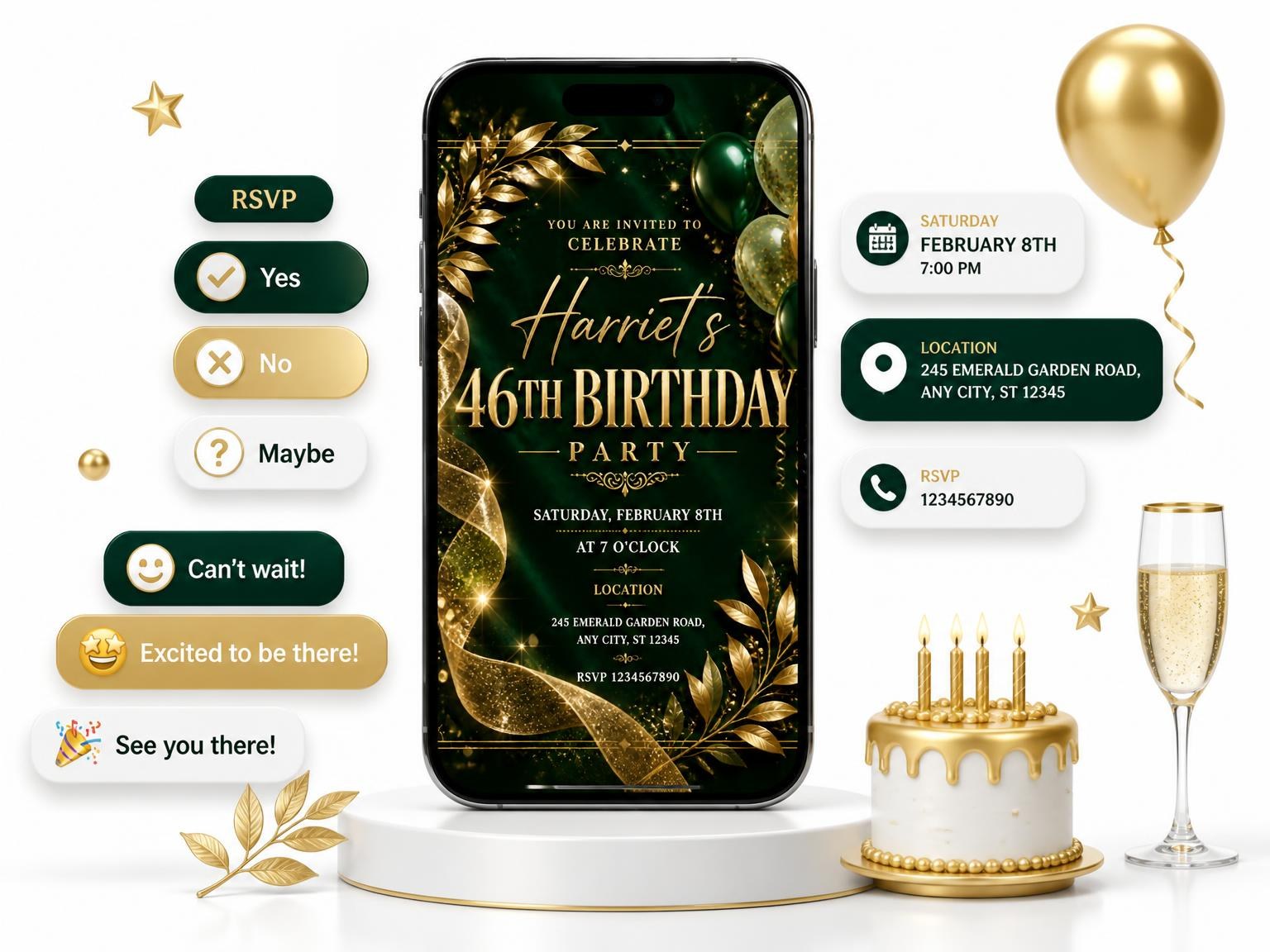 The Emerald and Champagne 46th Birthday Invitation invitation on a phone, with guest RSVPs arriving around it