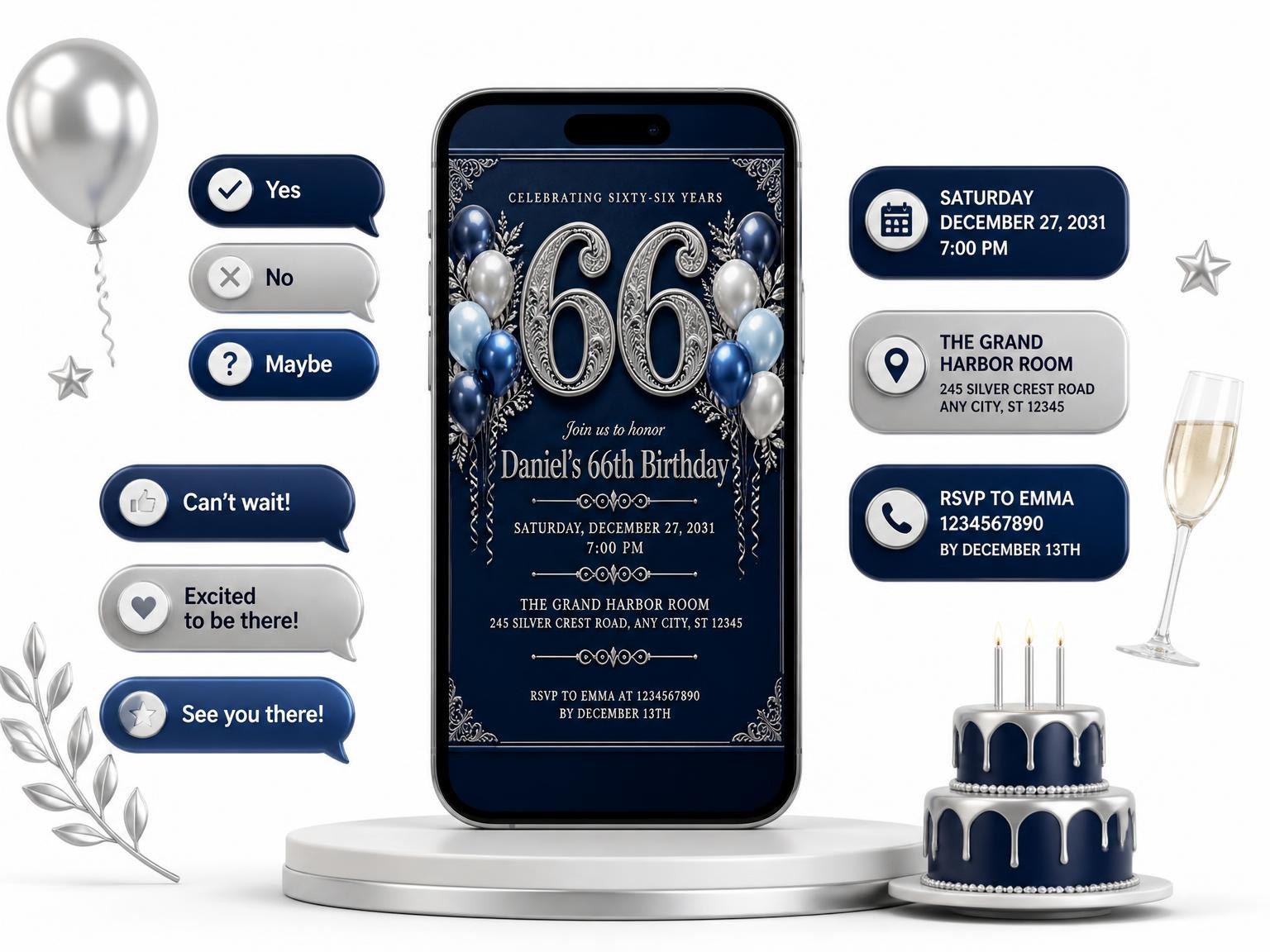 The Navy and Silver 66th Birthday Invitation invitation on a phone, with guest RSVPs arriving around it