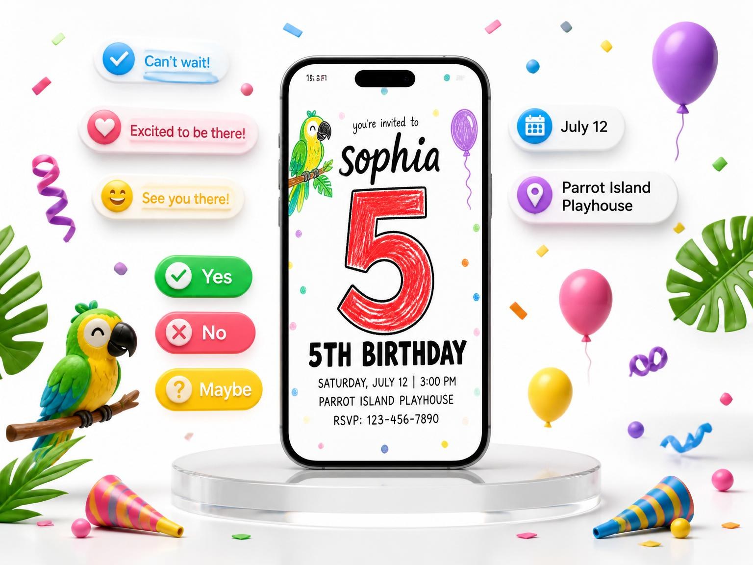 The Crayon Parrot Illustrated 5th Birthday invitation on a phone, with guest RSVPs arriving around it