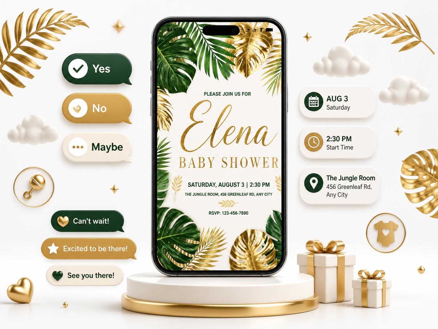 The Gold Jungle Baby Shower Invitation invitation on a phone, with guest RSVPs arriving around it