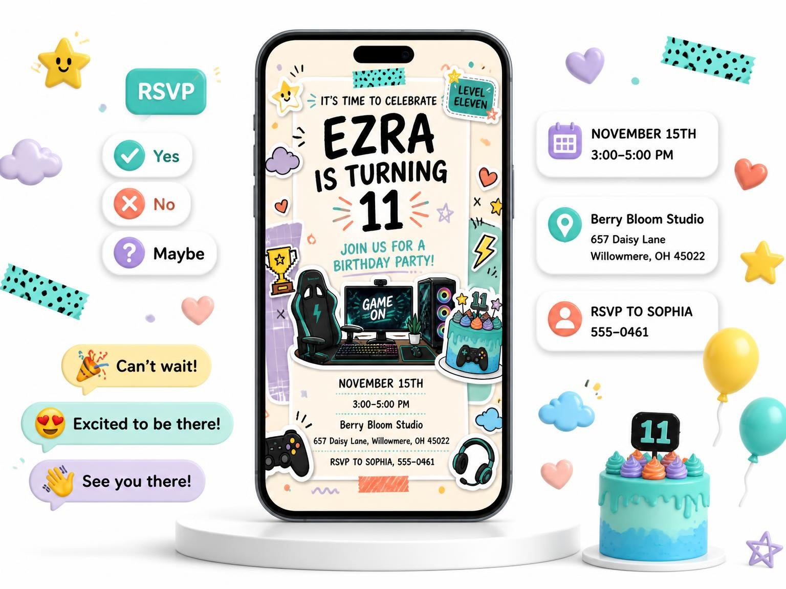 The Gaming Setup Pastel 11th Birthday Invitation invitation on a phone, with guest RSVPs arriving around it