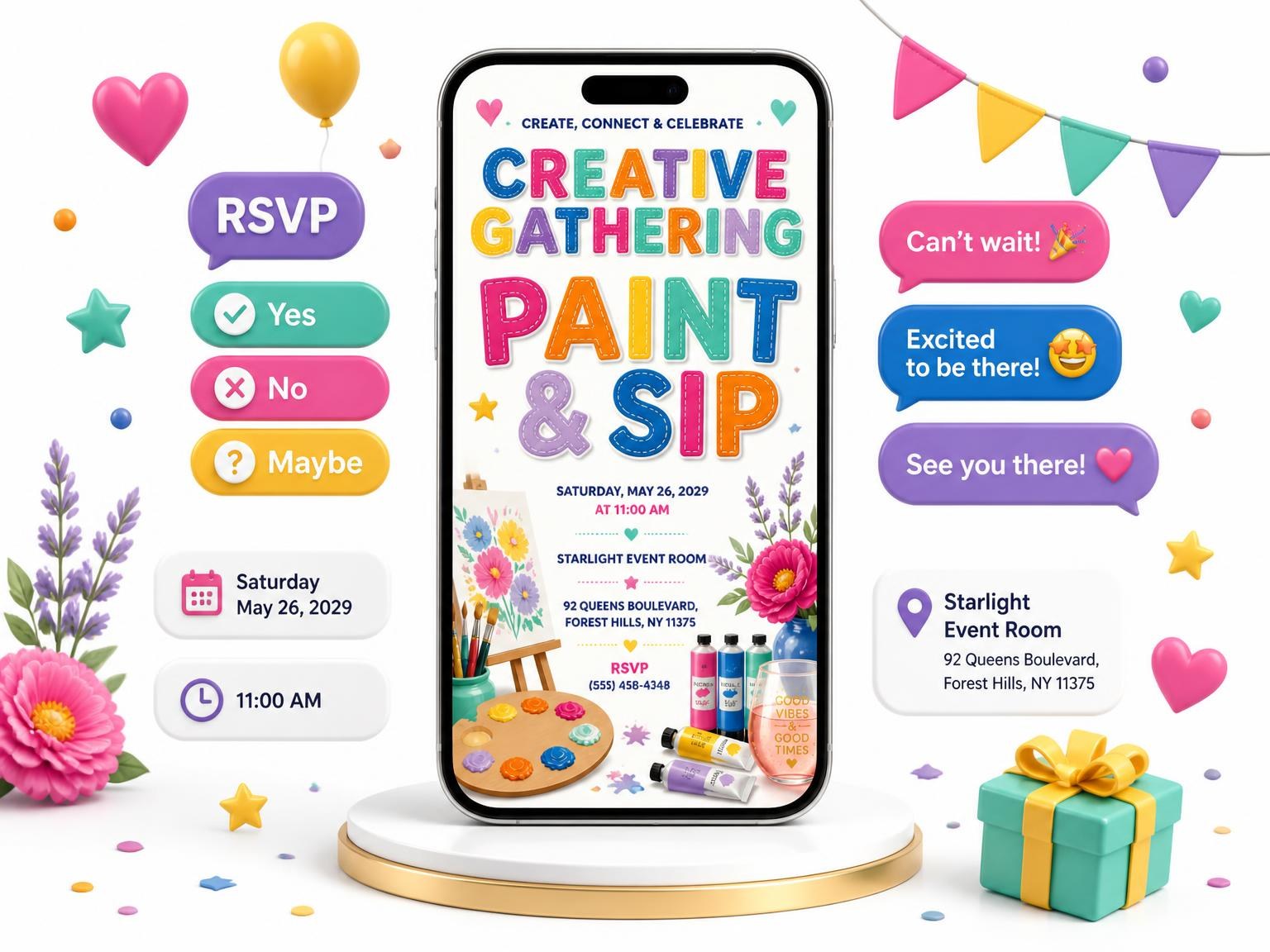 The Mini Easel Paint & Sip Party Invitation invitation on a phone, with guest RSVPs arriving around it