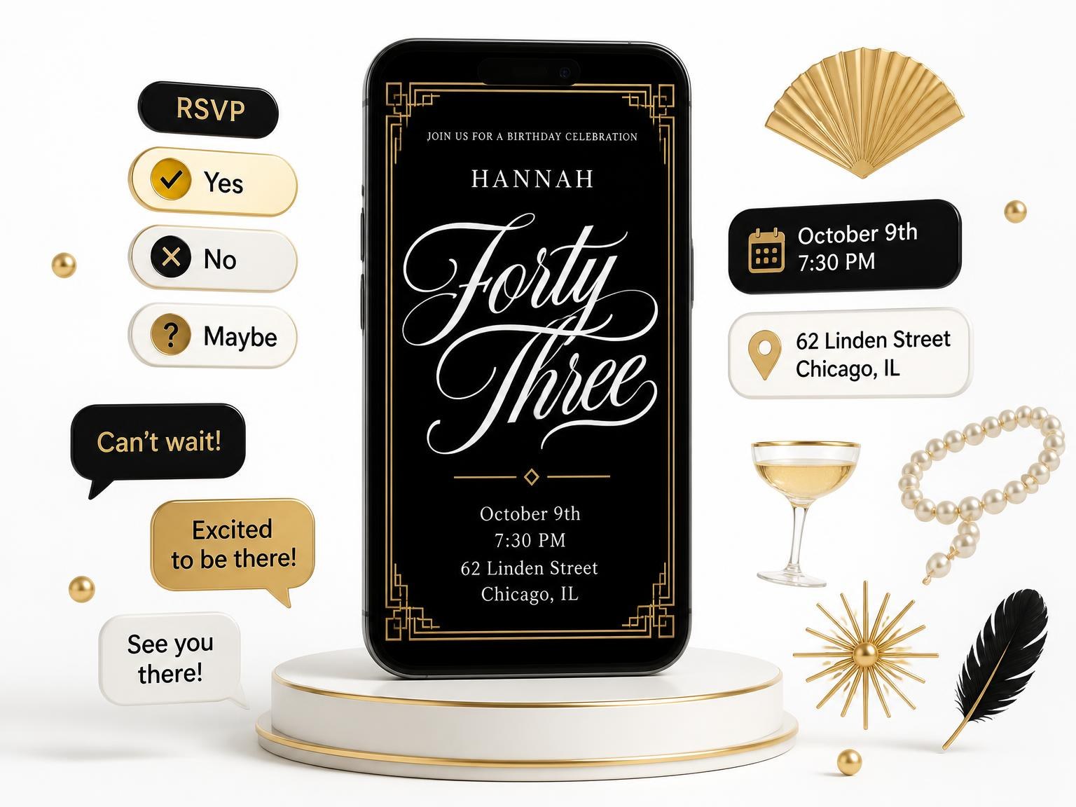 The Art Deco 43rd Birthday Invitation invitation on a phone, with guest RSVPs arriving around it