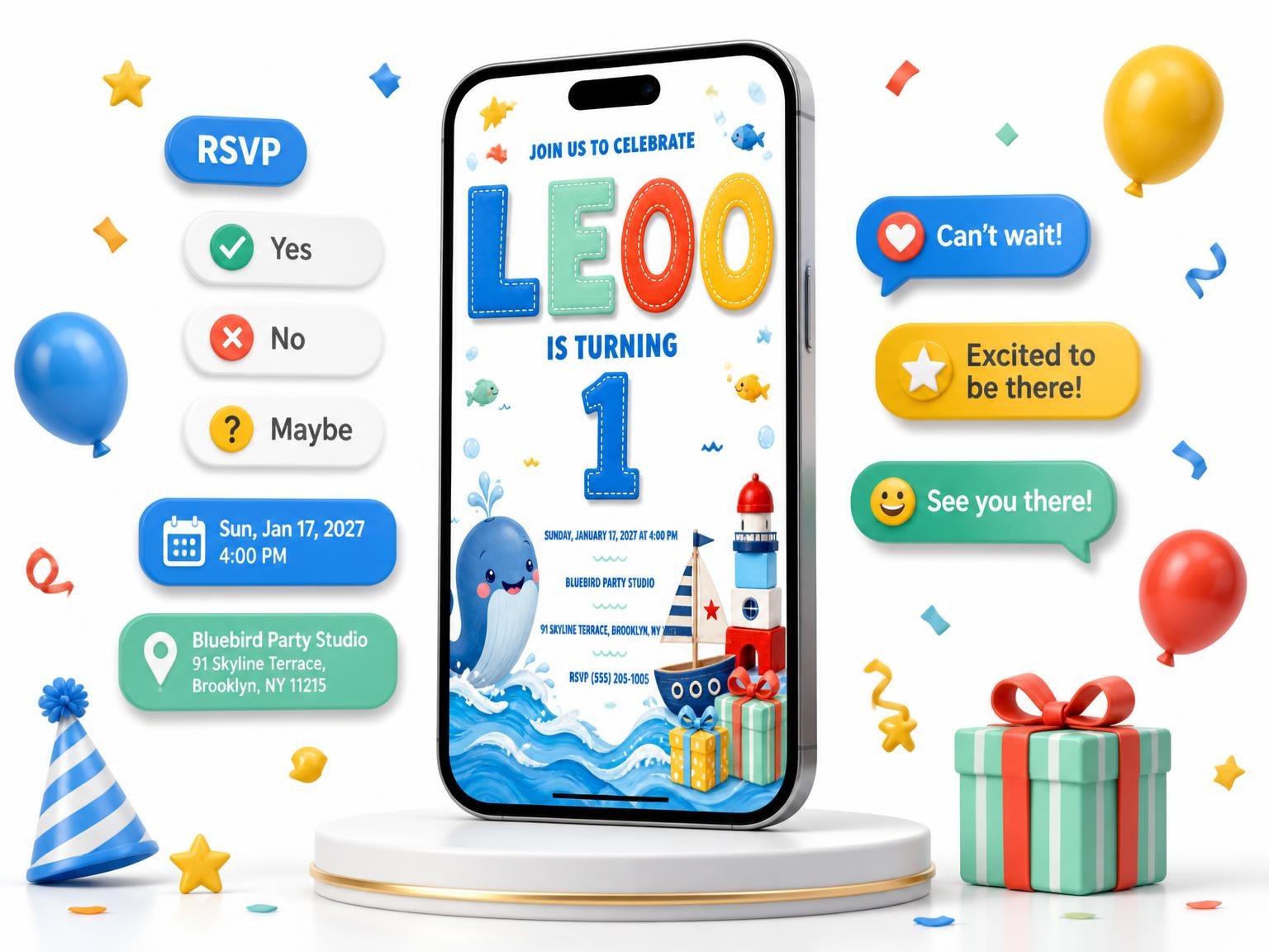 The Toy Sailboat Stitched 1st Birthday Invitation invitation on a phone, with guest RSVPs arriving around it