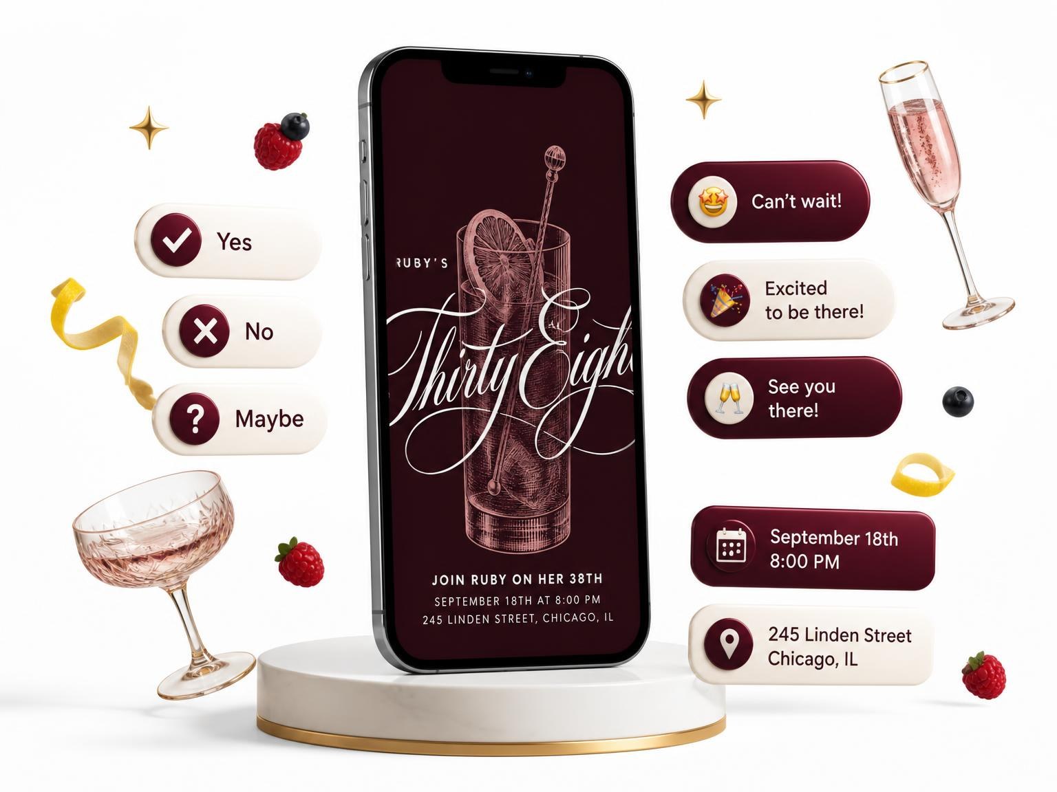 The Burgundy Cocktail 38th Birthday Invitation invitation on a phone, with guest RSVPs arriving around it