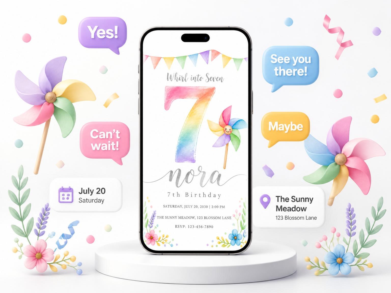 The Pastel Rainbow Pinwheel 7th Birthday invitation on a phone, with guest RSVPs arriving around it