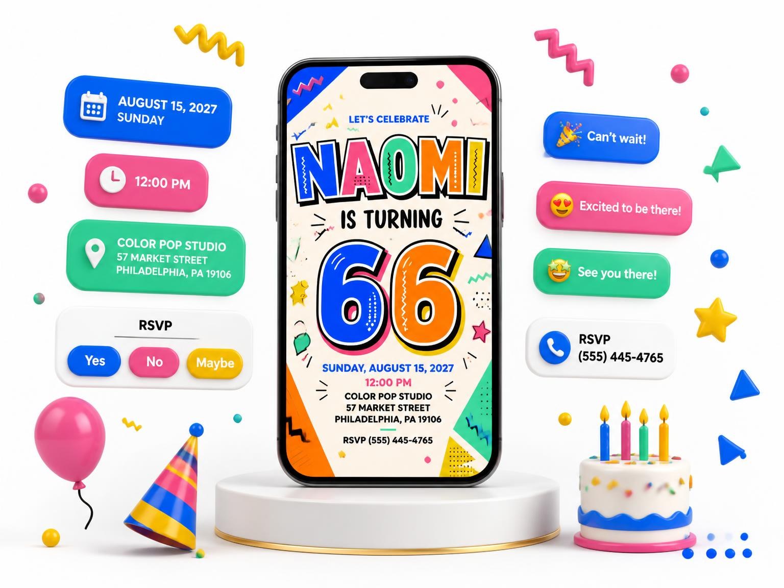 The Memphis Pop 66th Birthday Invitation invitation on a phone, with guest RSVPs arriving around it