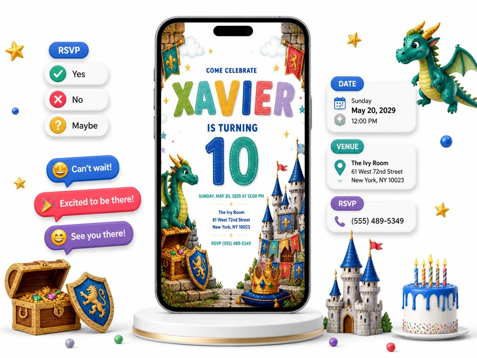 The Stitched Dragon Castle 10th Birthday Invitation invitation on a phone, with guest RSVPs arriving around it