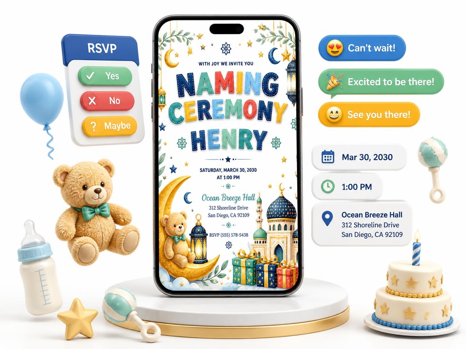 The Teddy Bear Naming Ceremony Invitation invitation on a phone, with guest RSVPs arriving around it