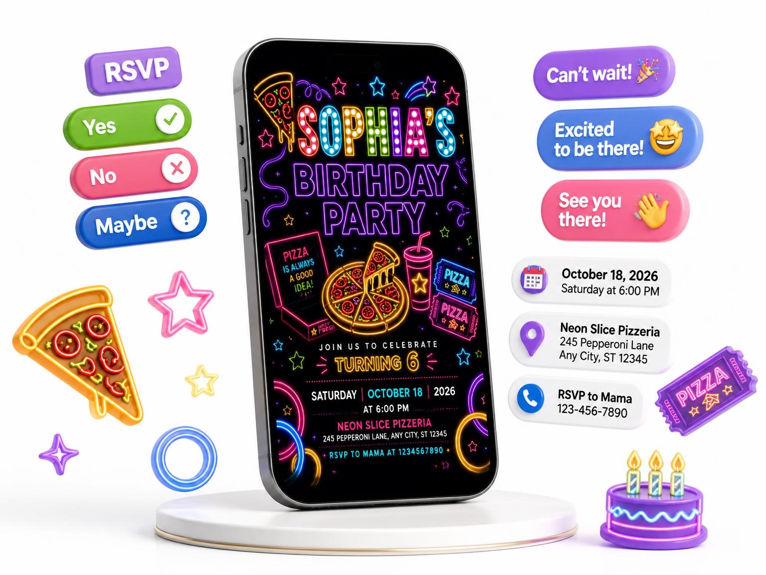 The Neon Pizza 6th Birthday Invitation invitation on a phone, with guest RSVPs arriving around it