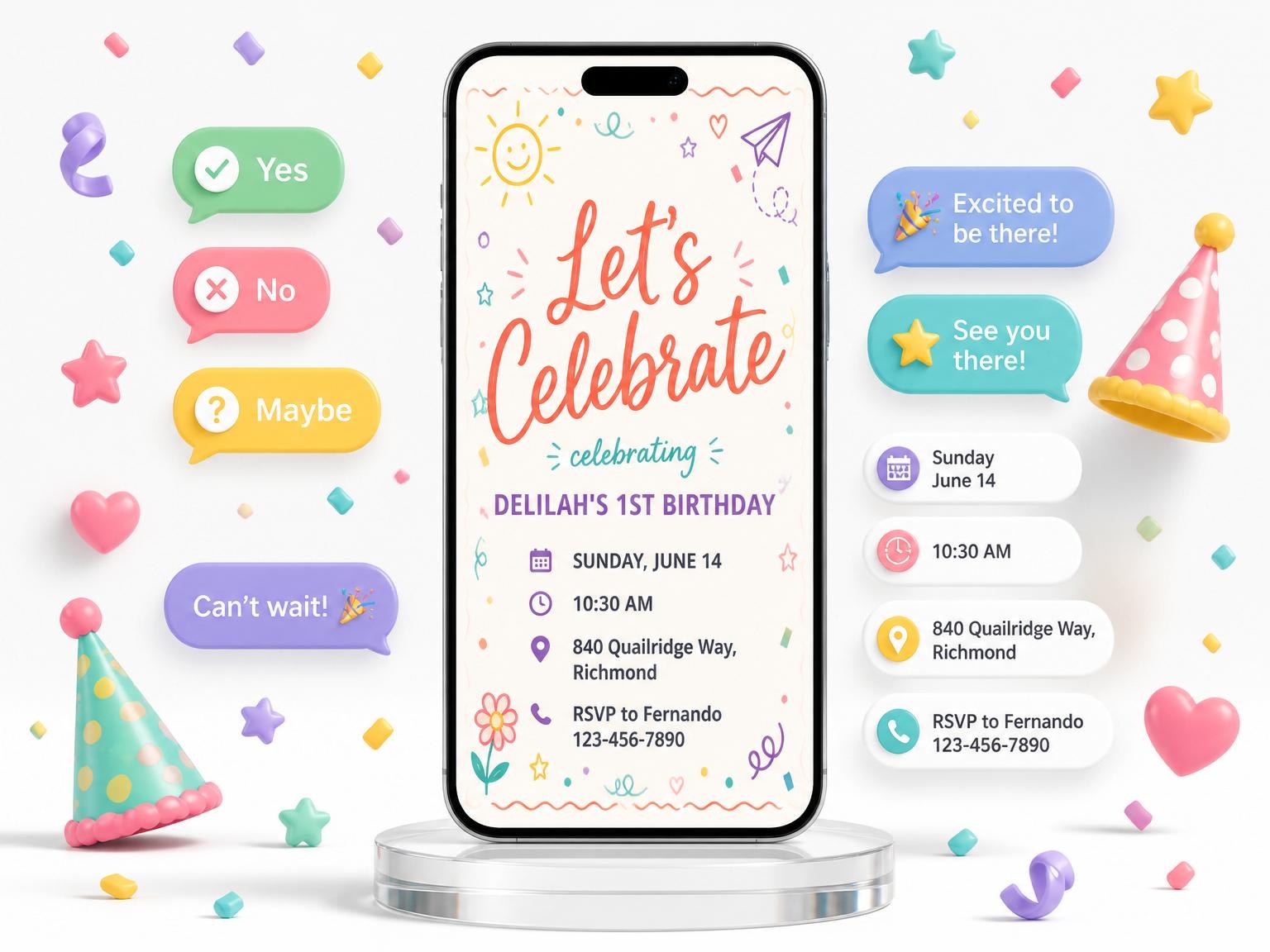 The Doodle Motif Multi-Color 1st Birthday invitation on a phone, with guest RSVPs arriving around it