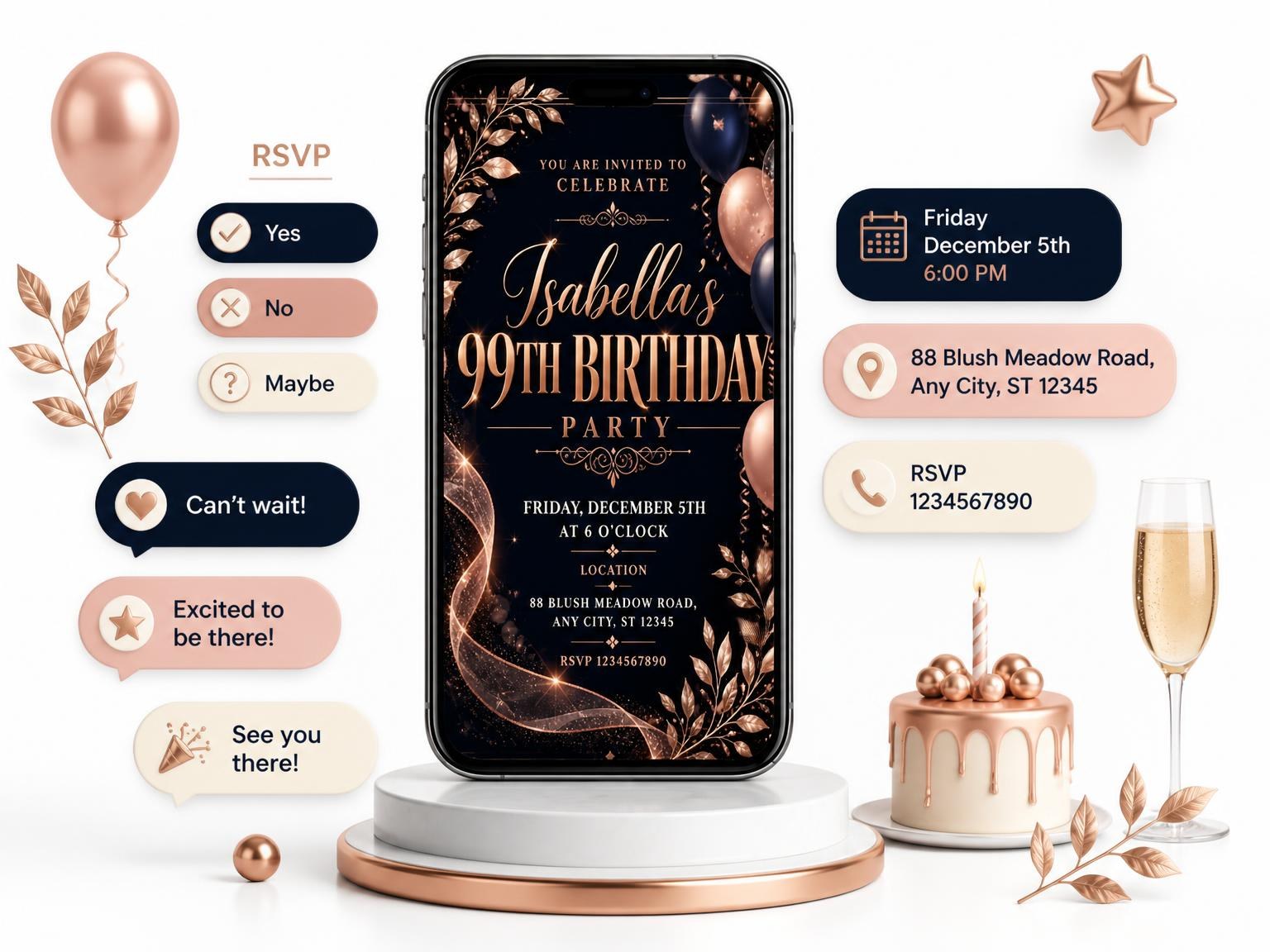 The Navy and Rose Gold 99th Birthday Invitation invitation on a phone, with guest RSVPs arriving around it