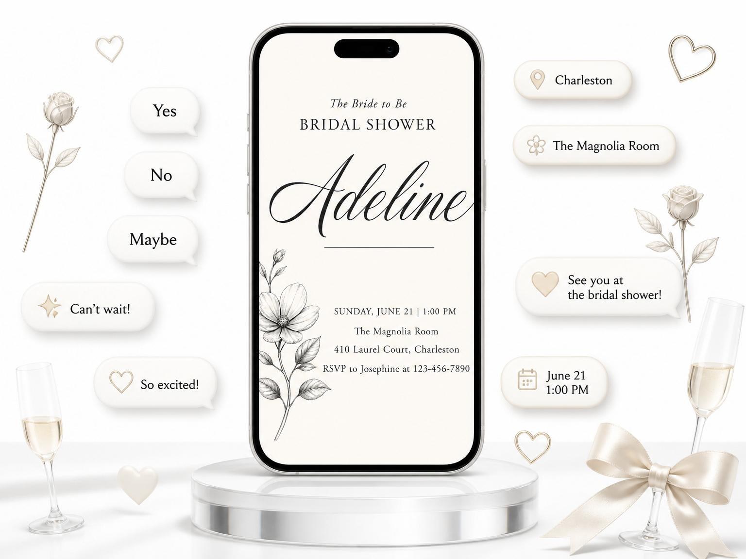 The Charcoal Botanical Cream Bridal Shower invitation on a phone, with guest RSVPs arriving around it