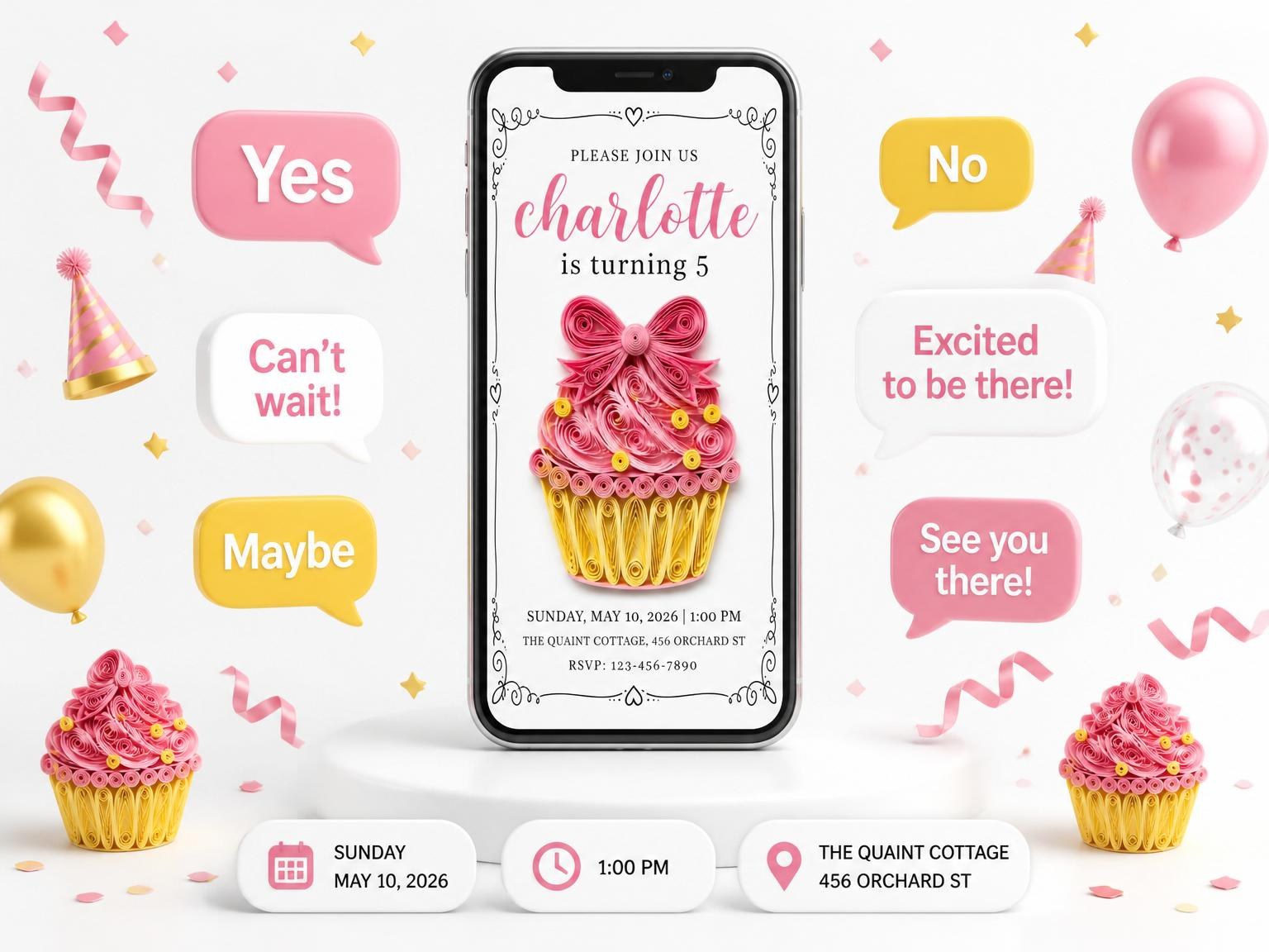 The Pink Paper-Quilling Cupcake 5th Birthday Invitation invitation on a phone, with guest RSVPs arriving around it