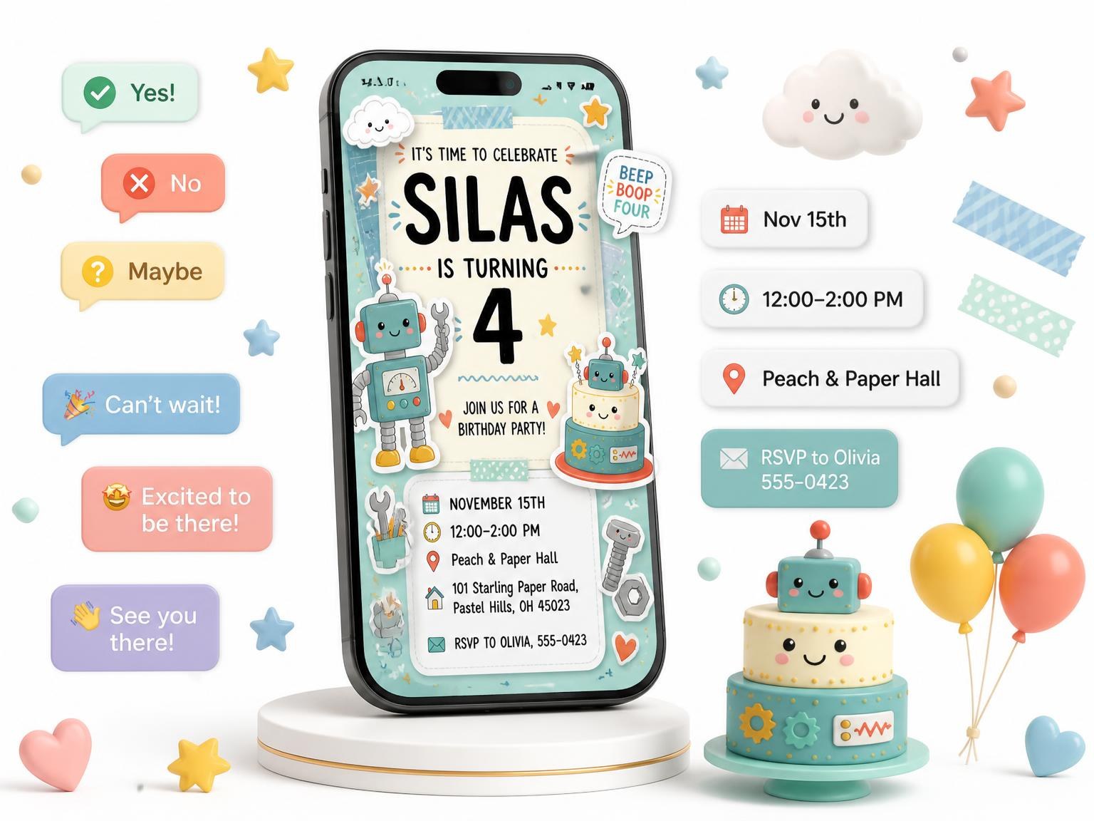 The Robot Pastel Scrapbook 4th Birthday Invitation invitation on a phone, with guest RSVPs arriving around it