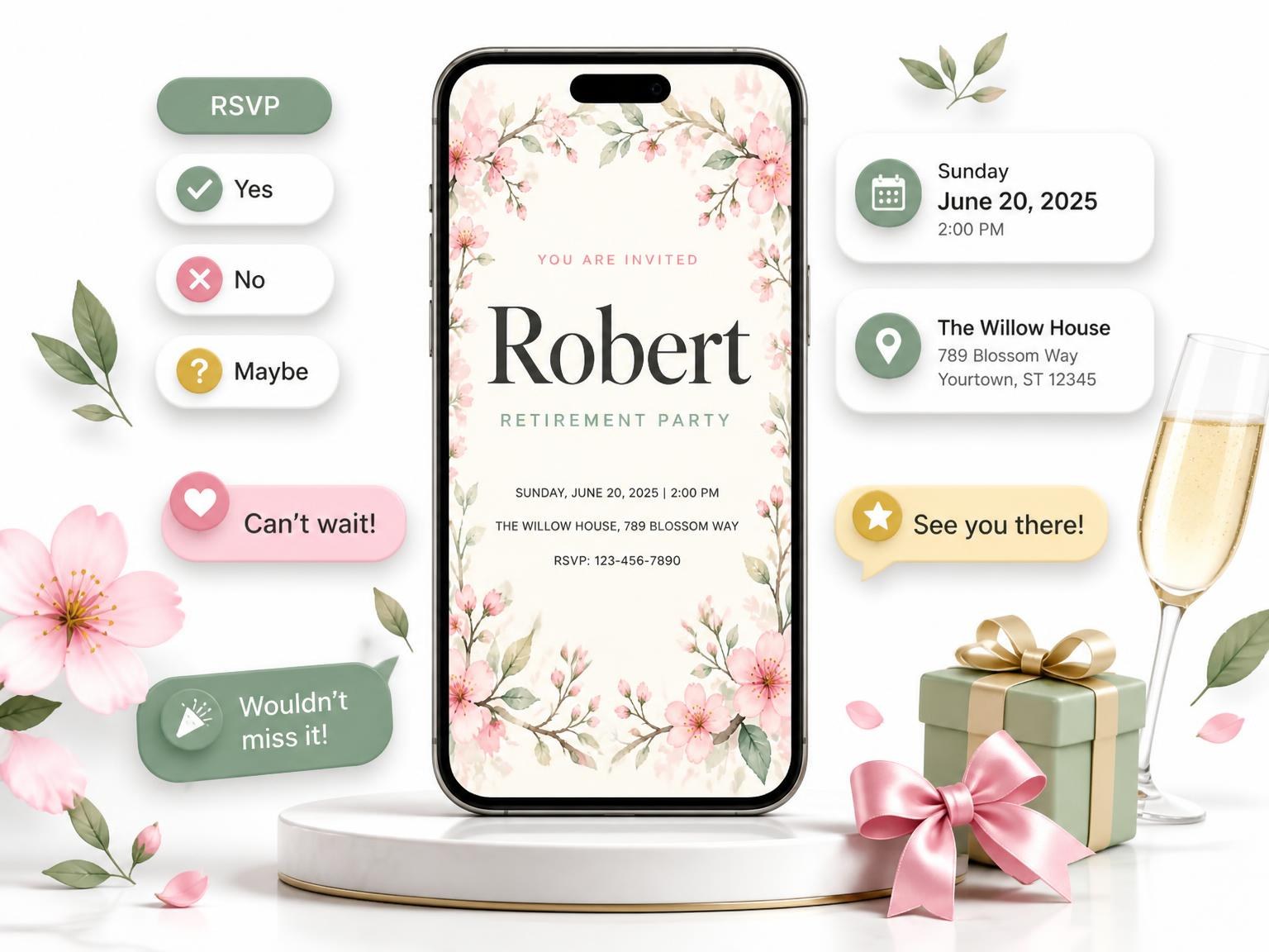 The Pink Floral Retirement Party Invitation invitation on a phone, with guest RSVPs arriving around it