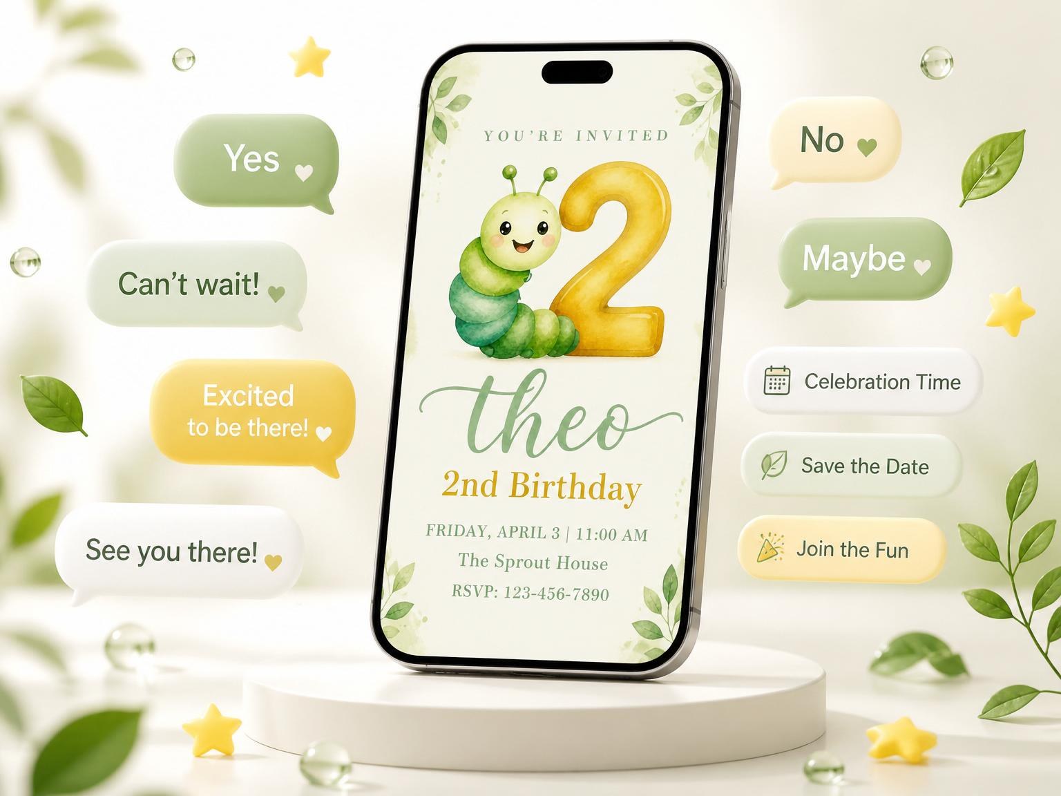 The Watercolor Caterpillar Green 2nd Birthday invitation on a phone, with guest RSVPs arriving around it