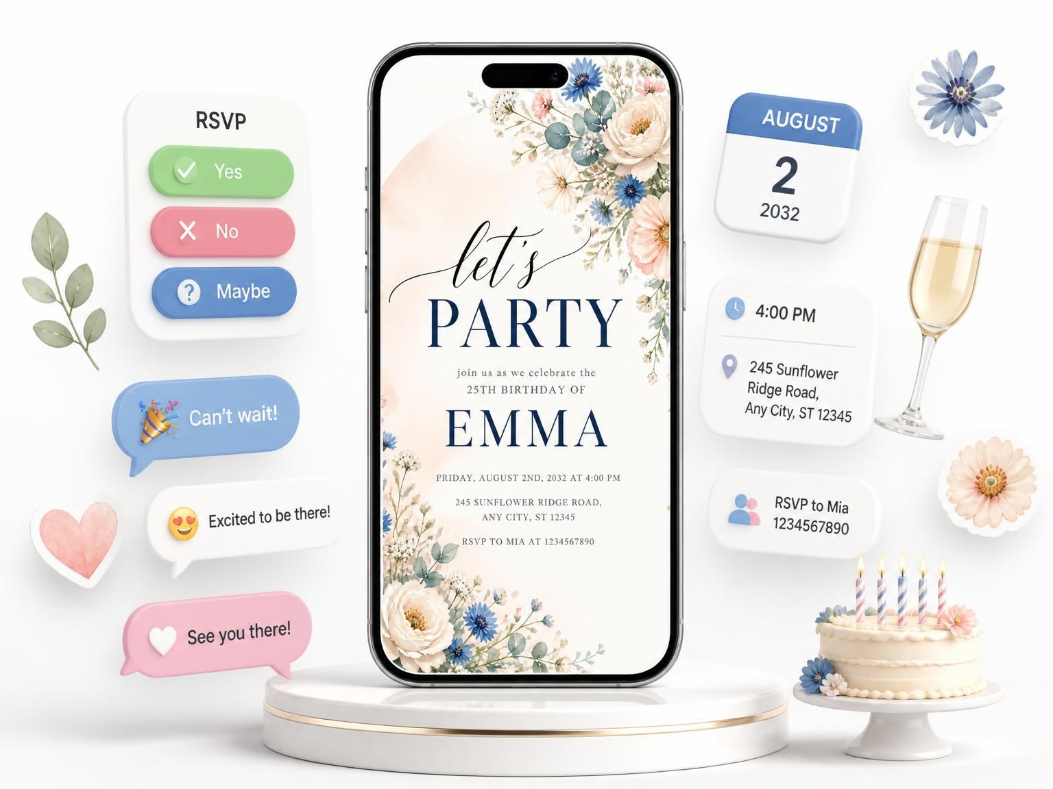 The Floral Bouquet Ivory 25th Birthday Invitation invitation on a phone, with guest RSVPs arriving around it
