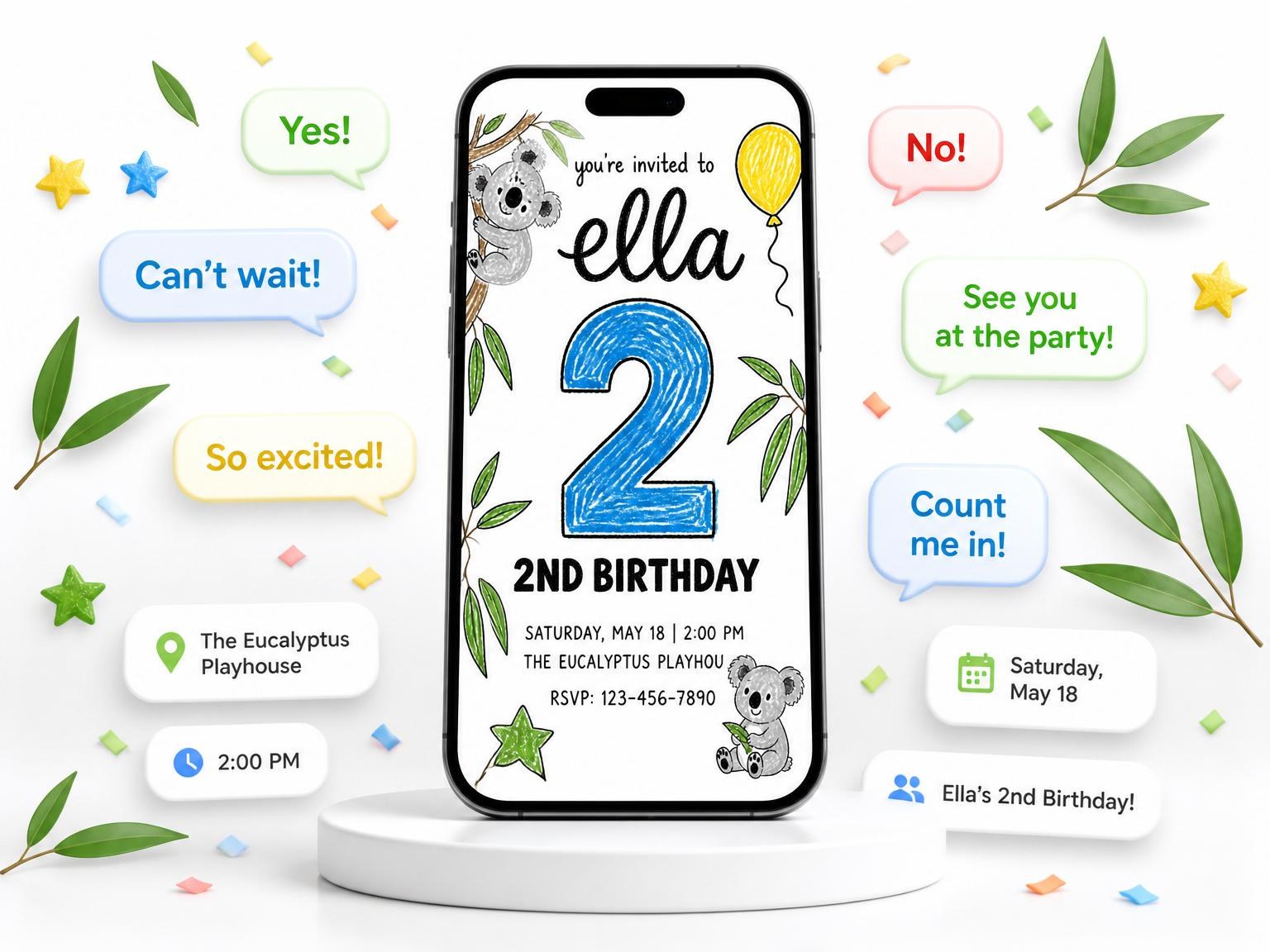 The Crayon Texture Koala 2nd Birthday Invitation invitation on a phone, with guest RSVPs arriving around it