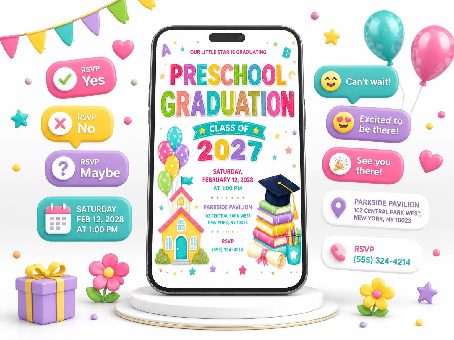 The Pink Preschool Graduation Invitation invitation on a phone, with guest RSVPs arriving around it