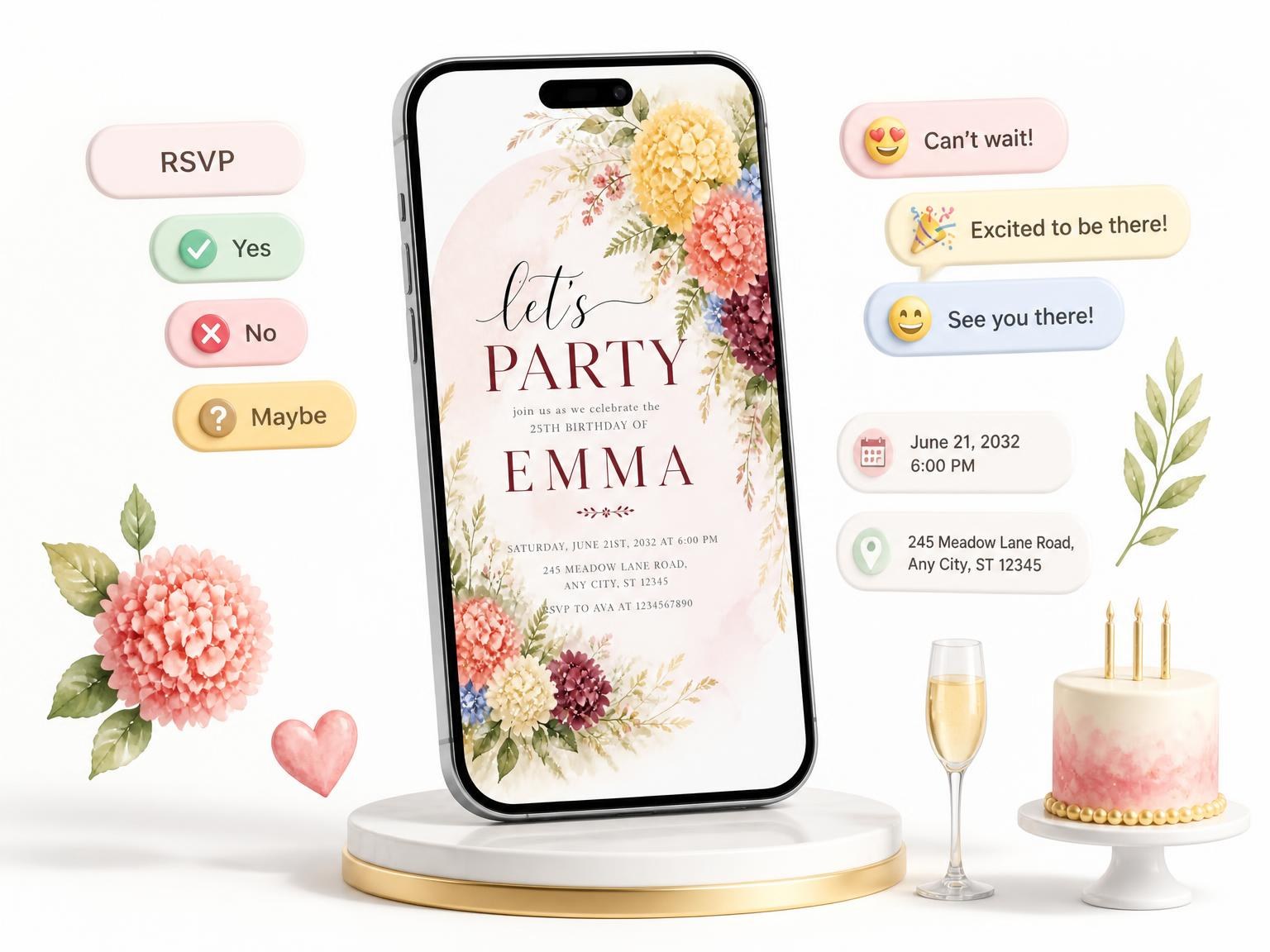 The Bouquet Greenery Golden 25th Birthday Invitation invitation on a phone, with guest RSVPs arriving around it