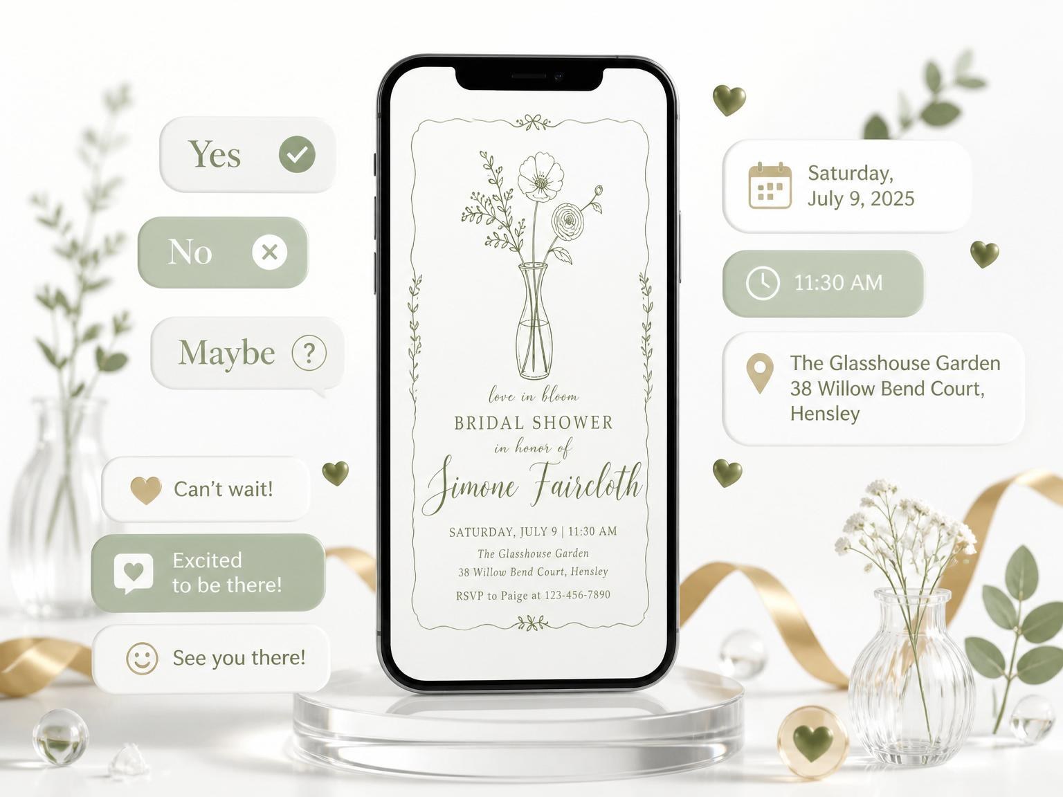The Olive Line-Art Botanical Bridal Shower invitation on a phone, with guest RSVPs arriving around it
