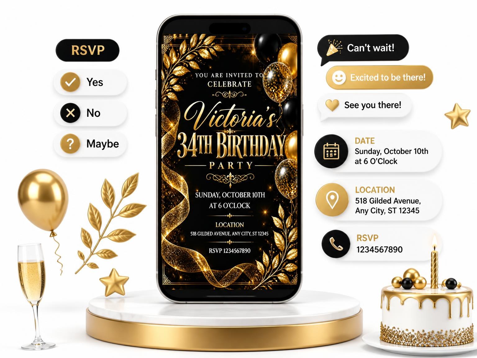 The Black and Gold 34th Birthday Invitation invitation on a phone, with guest RSVPs arriving around it