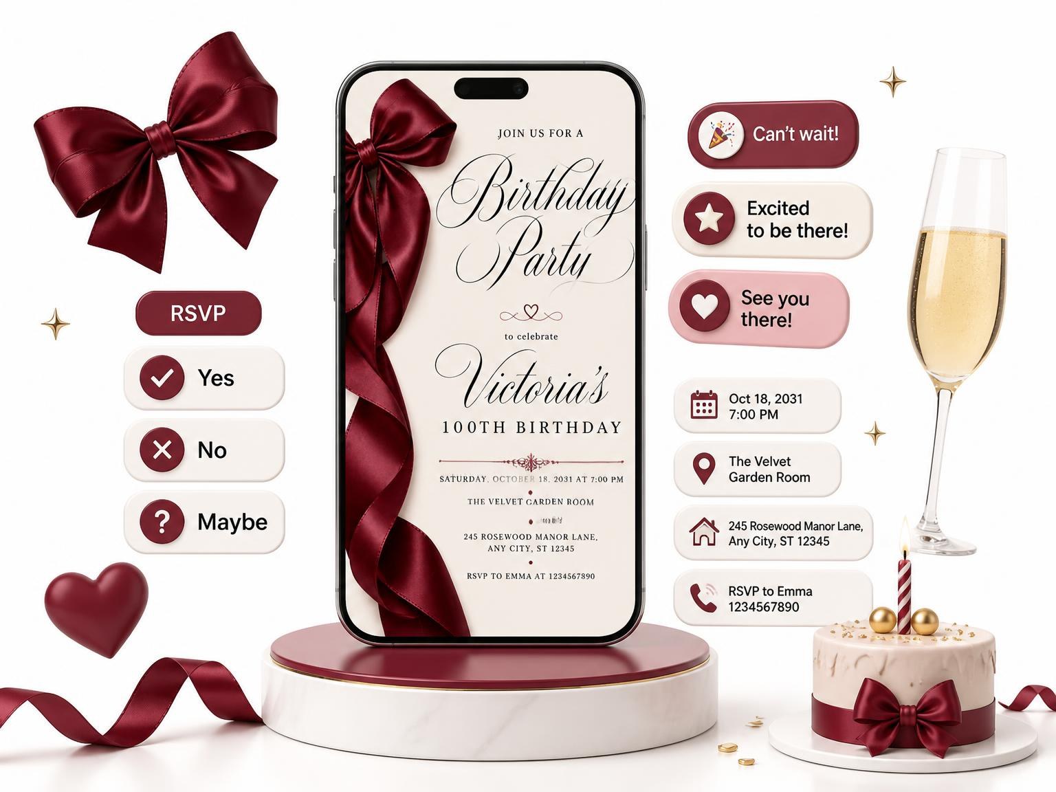 The Burgundy Satin Bow 100th Birthday Invitation invitation on a phone, with guest RSVPs arriving around it