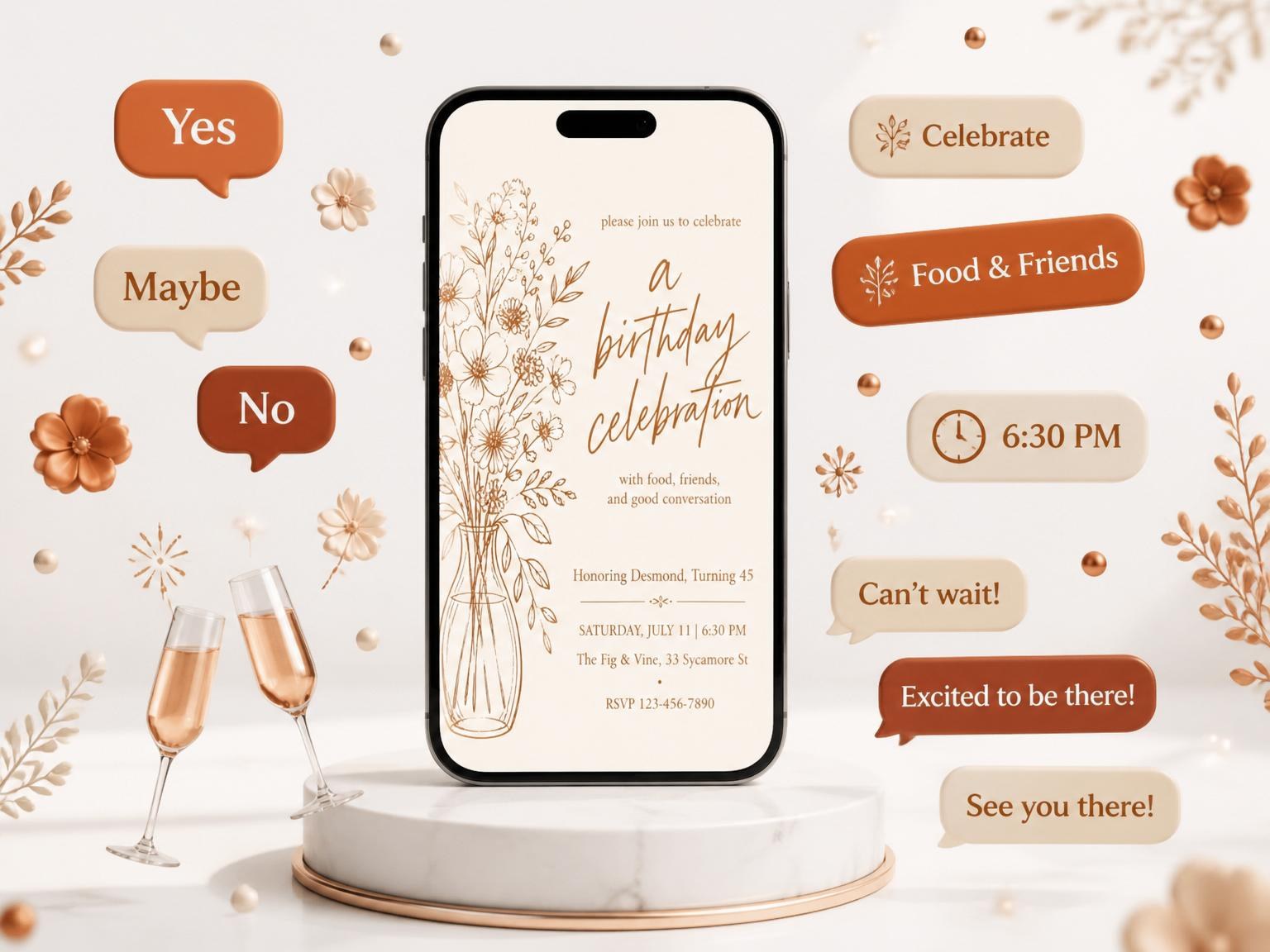 The Copper Wildflower Line-Art 45th Birthday Invitation invitation on a phone, with guest RSVPs arriving around it