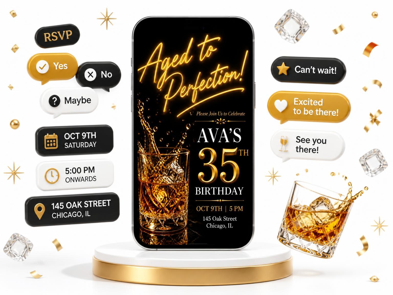 The Crystal Whiskey 35th Birthday Invitation invitation on a phone, with guest RSVPs arriving around it