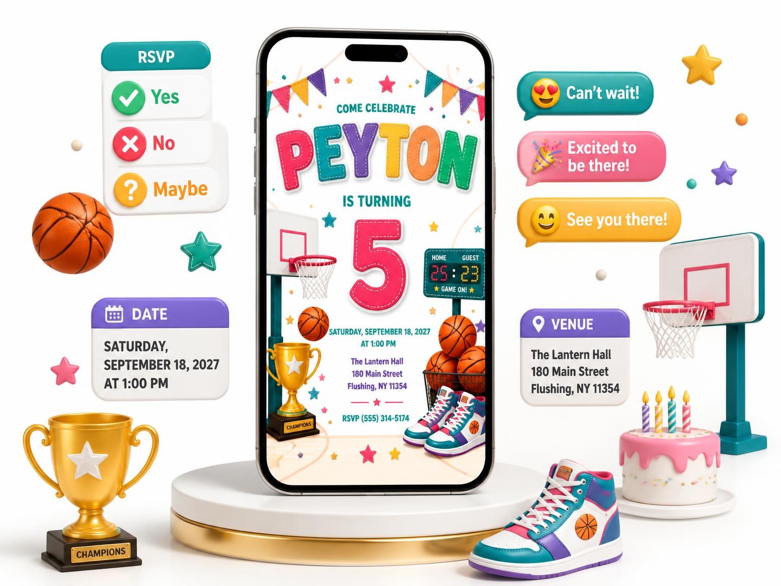 The Stitched Basketball 5th Birthday Invitation invitation on a phone, with guest RSVPs arriving around it