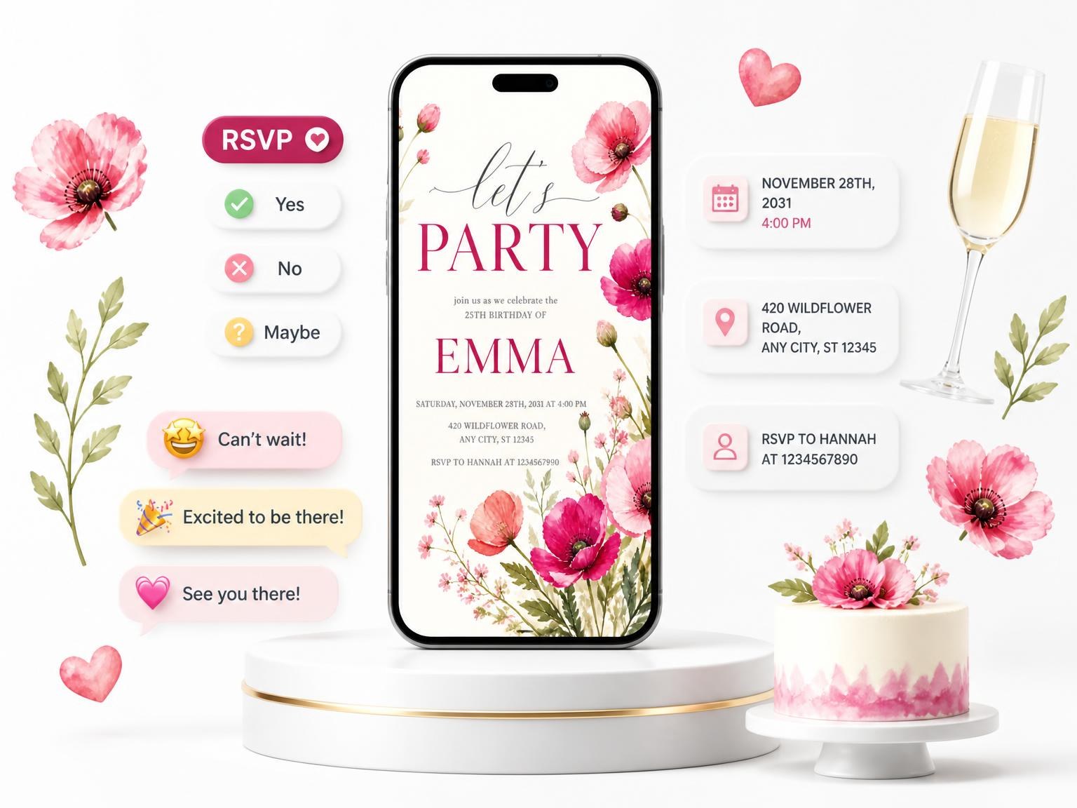 The Fuchsia Poppies Wildflowers 25th Birthday Invitation invitation on a phone, with guest RSVPs arriving around it