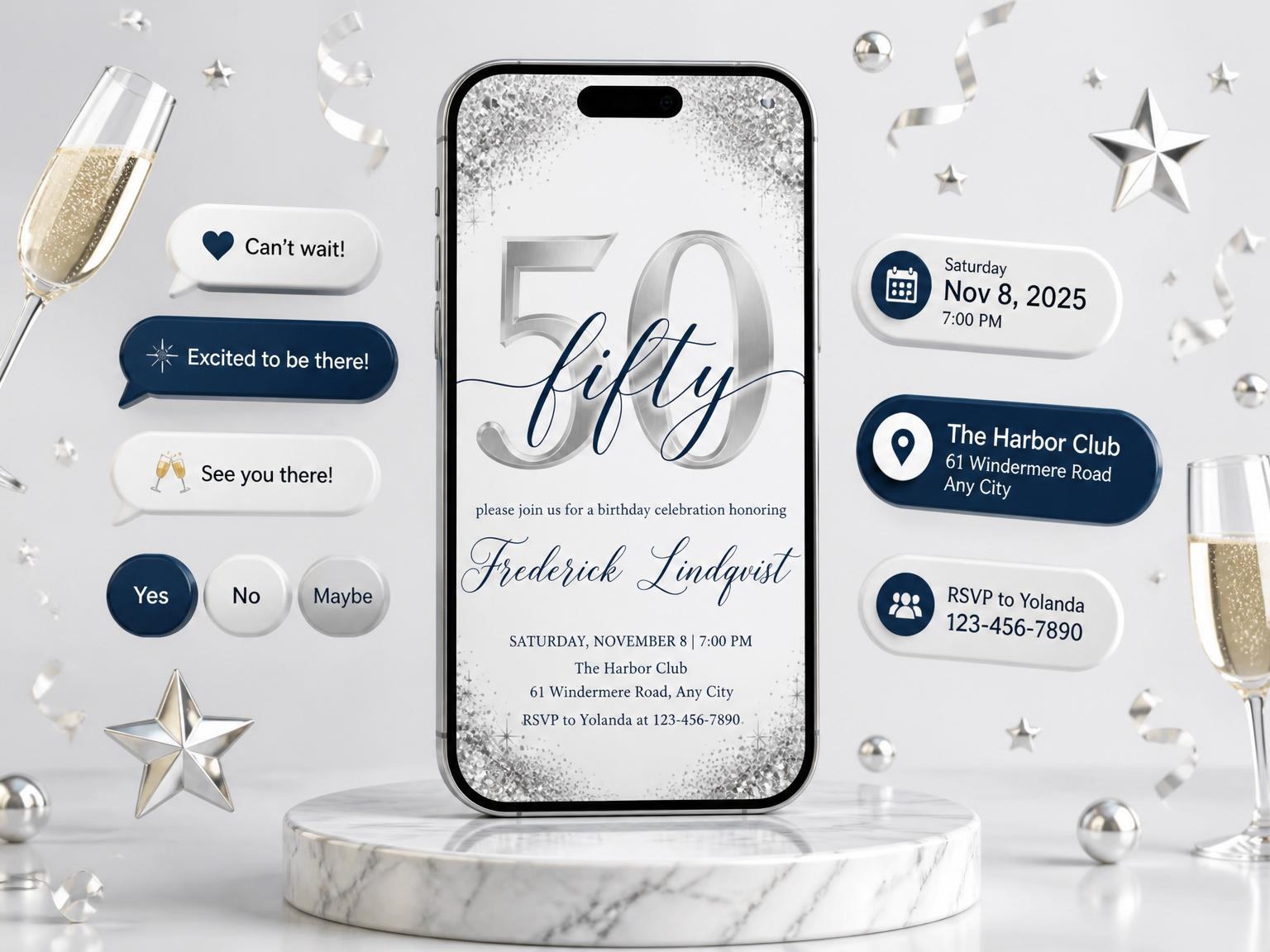 The Silver Metallic 50th Birthday Invitation invitation on a phone, with guest RSVPs arriving around it