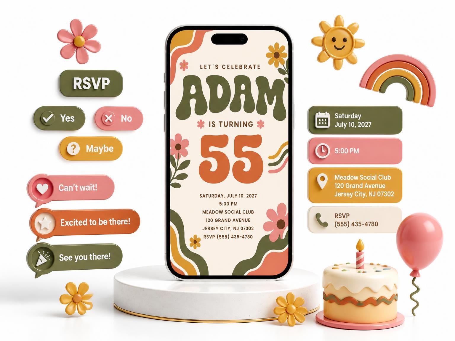 The Groovy Retro 55th Birthday Invitation invitation on a phone, with guest RSVPs arriving around it