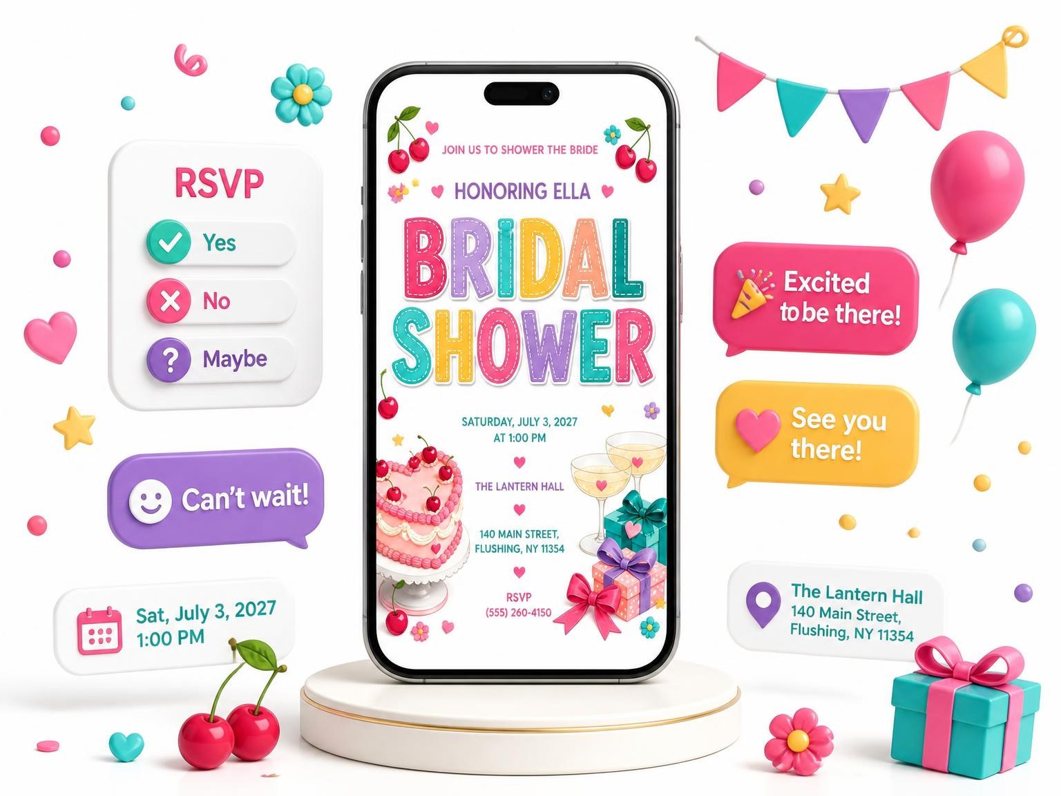 The Heart Bridal Shower Invitation invitation on a phone, with guest RSVPs arriving around it