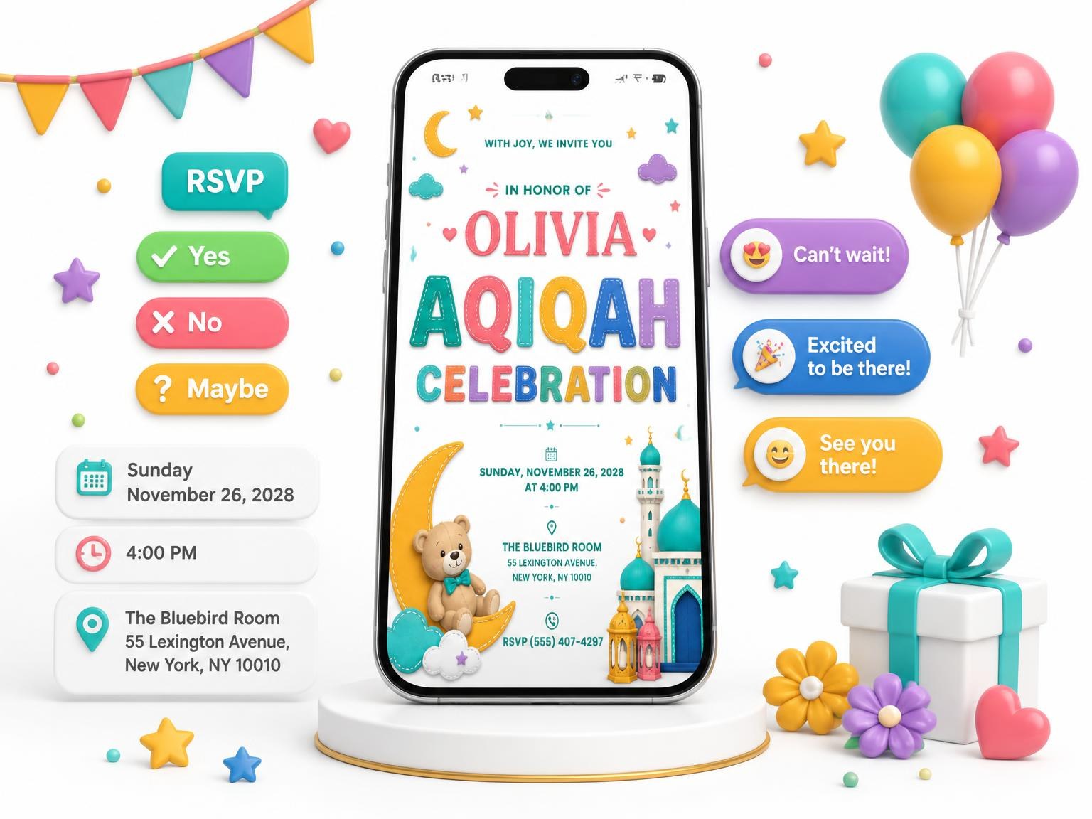 The Teddy Bear Moon and Stars Aqiqah Invitation invitation on a phone, with guest RSVPs arriving around it