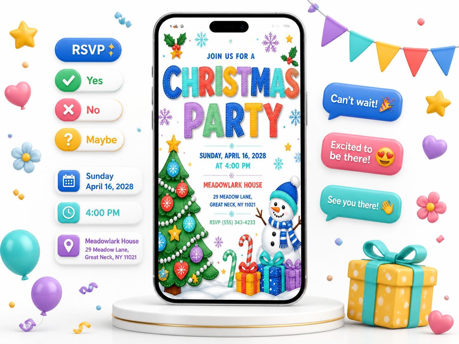 The Stitched Felt Christmas Party Invitation invitation on a phone, with guest RSVPs arriving around it